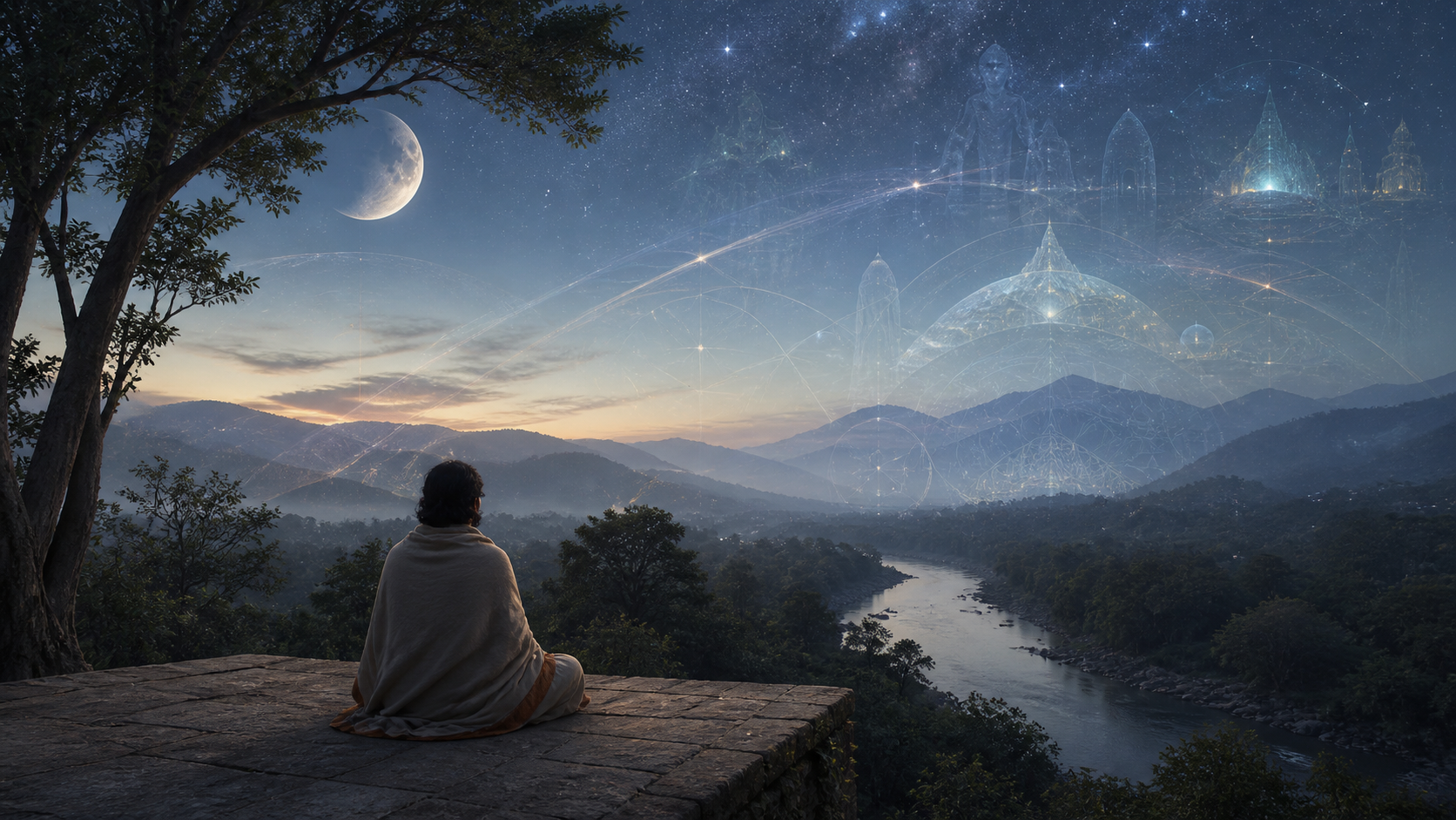 A seated seeker looks across a forest and mountains as translucent luminous layers and subtle celestial forms appear throughout the night sky.