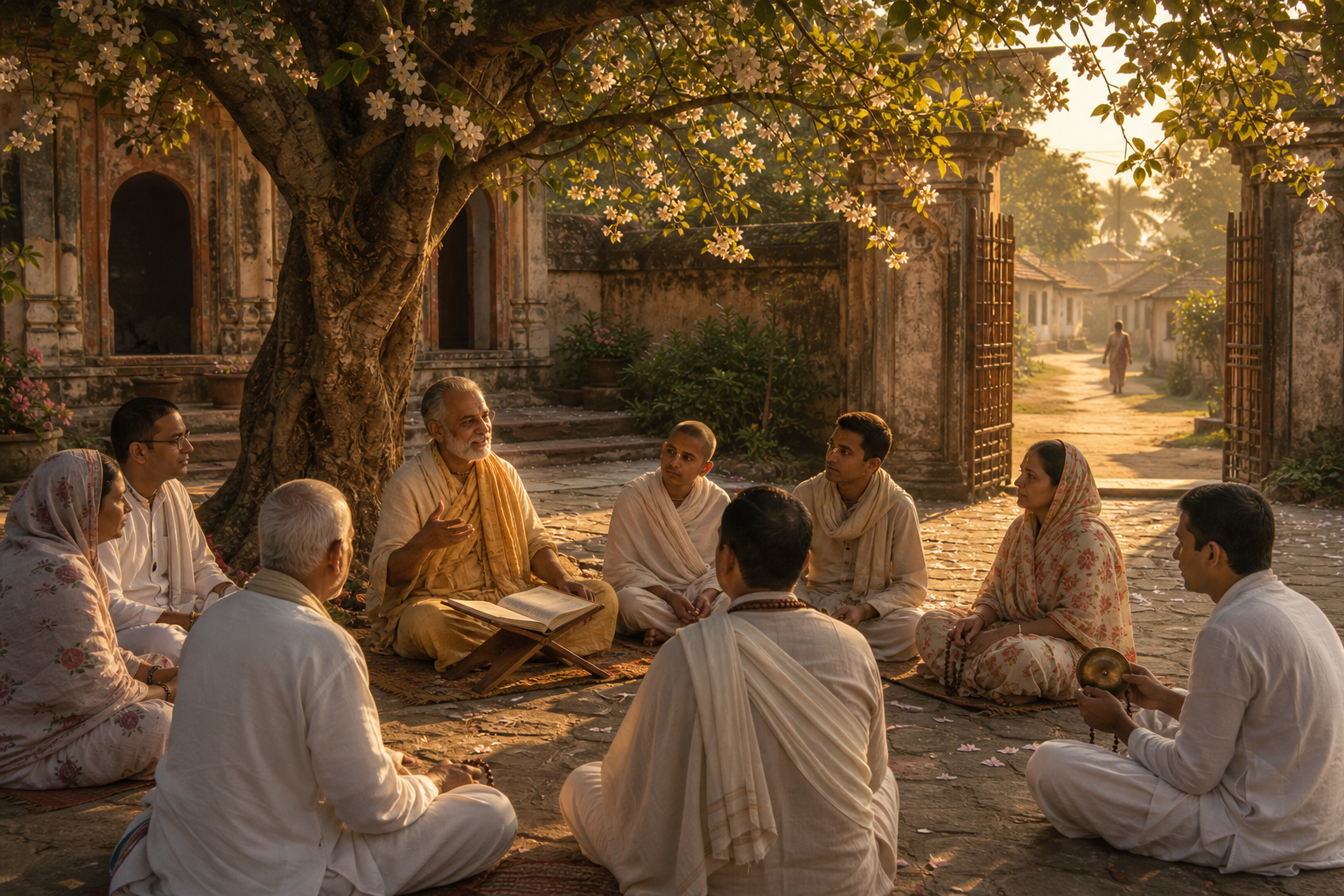 A Vaishnava teacher reads with a small circle of devotees in a sunlit Bengali courtyard while an open gate leads toward nearby village homes.