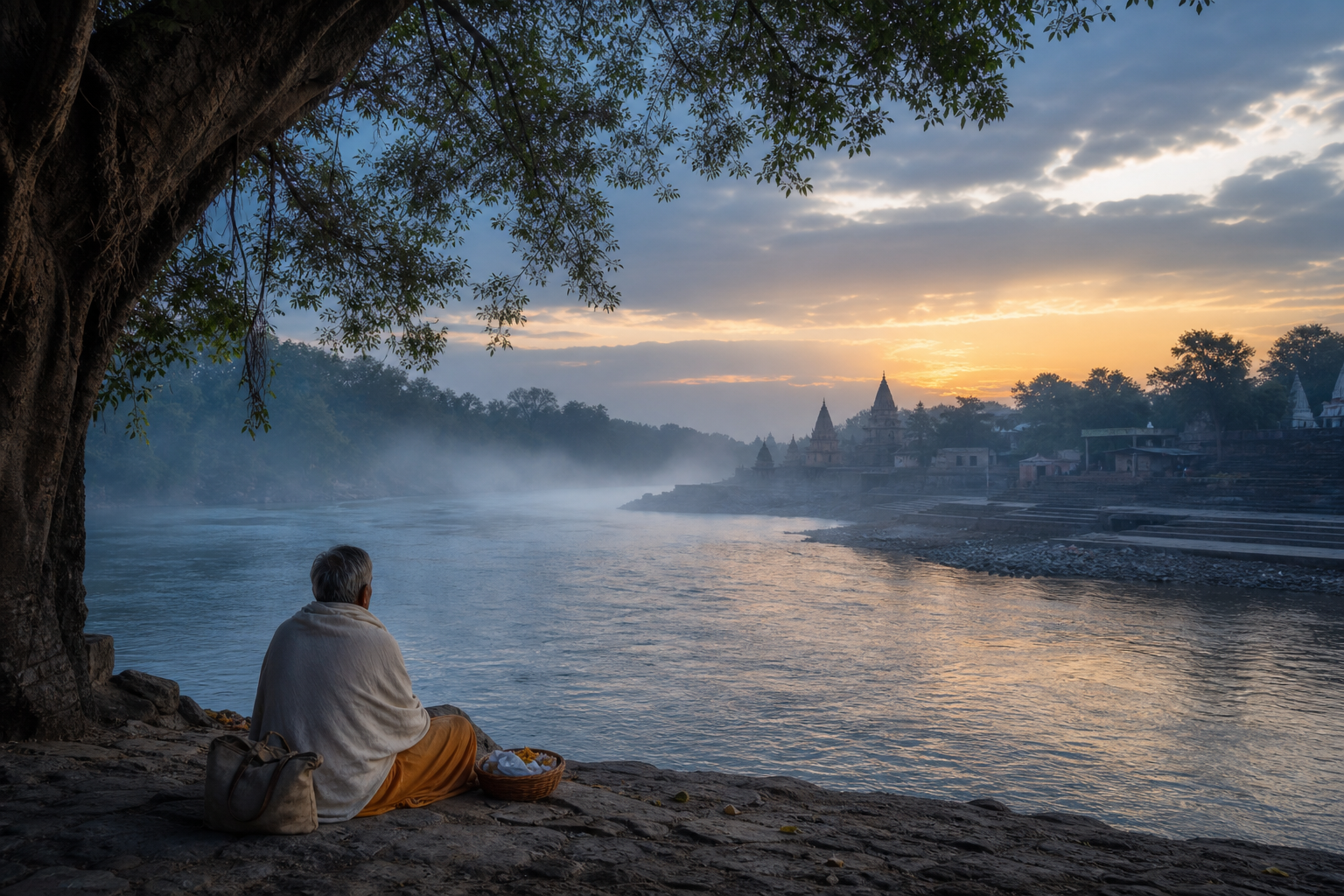 A pilgrim sits beneath a riverside tree facing the Narmada, with temple silhouettes visible through the dawn mist.
