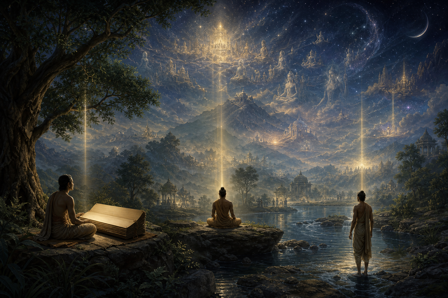 An earthly landscape, a luminous subtle realm and distant celestial regions overlap while three small figures observe, meditate and study at different thresholds.
