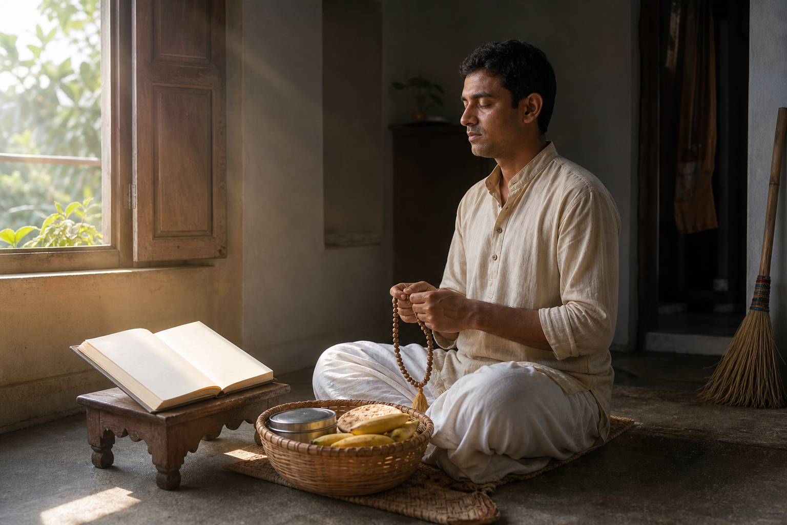 A devotee chants with prayer beads beside an open book, a basket of food, and a broom in a quiet room at dawn.
