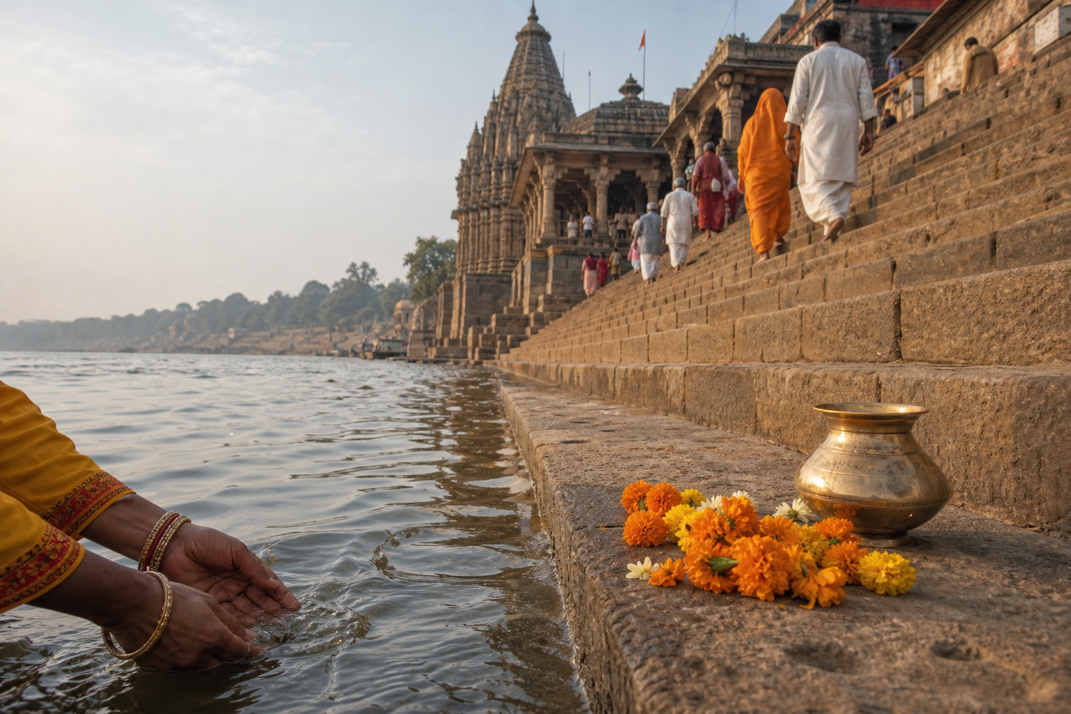 A pilgrim touches the Narmada at a stone ghat while worshippers walk toward a riverside temple.