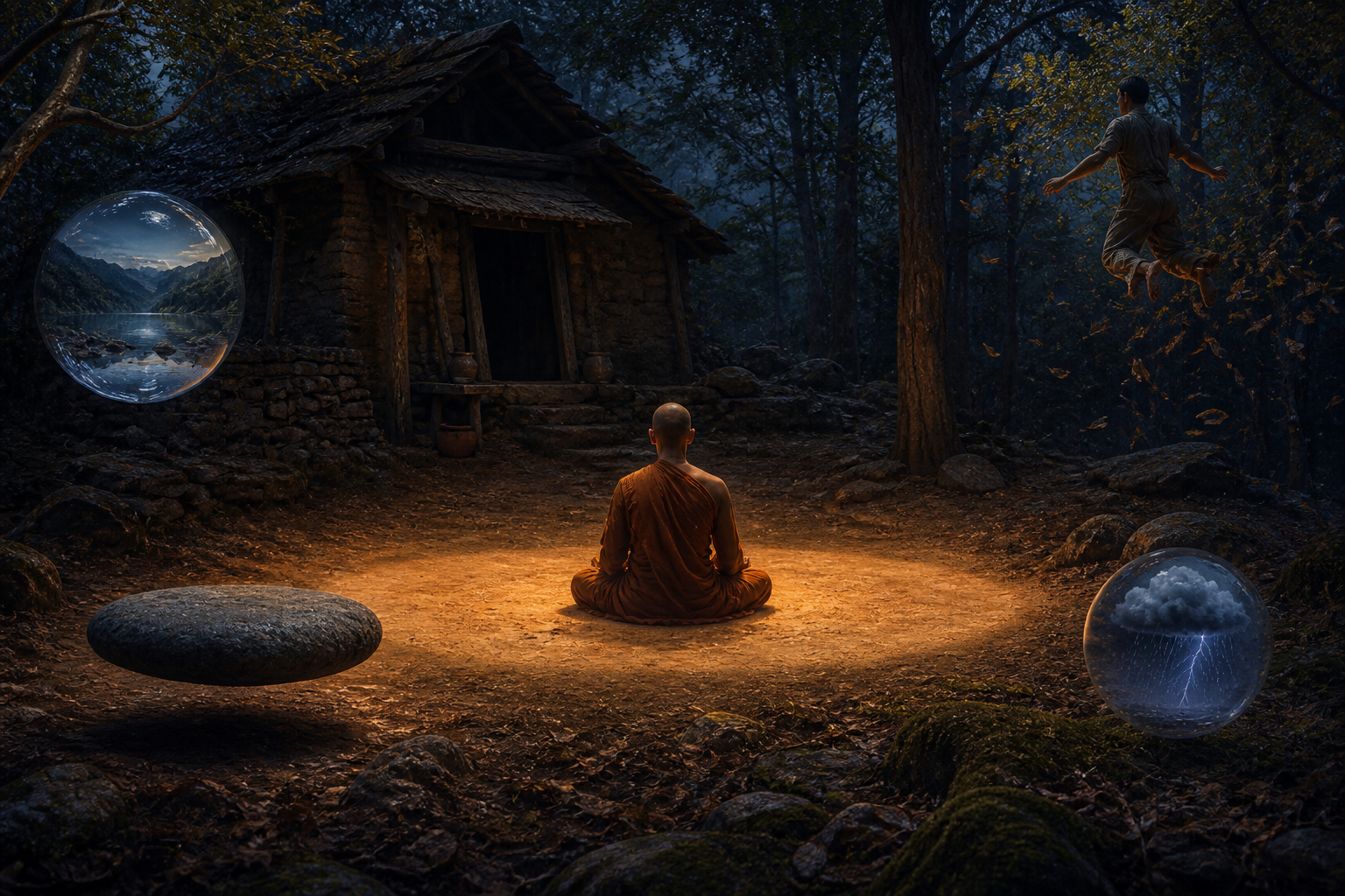 A meditating yogi sits in a forest clearing while a floating stone, suspended water sphere and other extraordinary phenomena remain outside a circle of warm light.