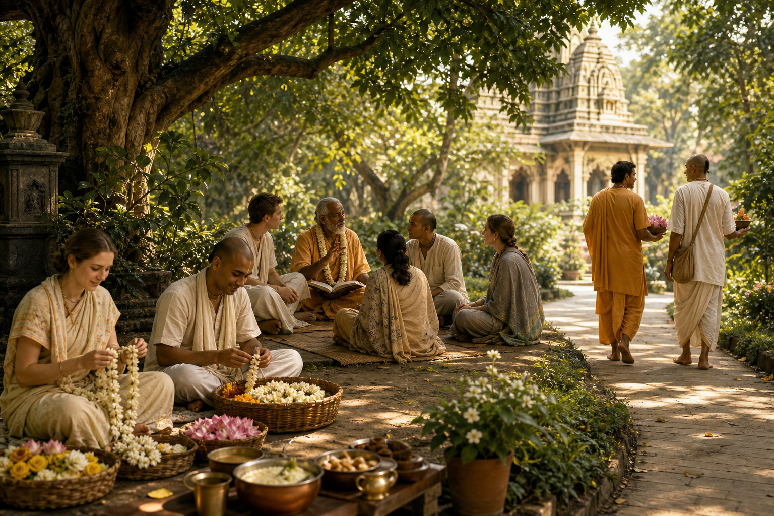 Devotees listen to a teacher, prepare garlands and food, and carry offerings through a temple garden.