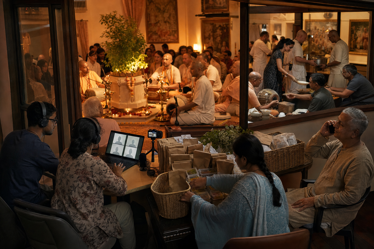 Volunteers use a camera and laptop to share a kirtan while others prepare food and contact homebound community members.