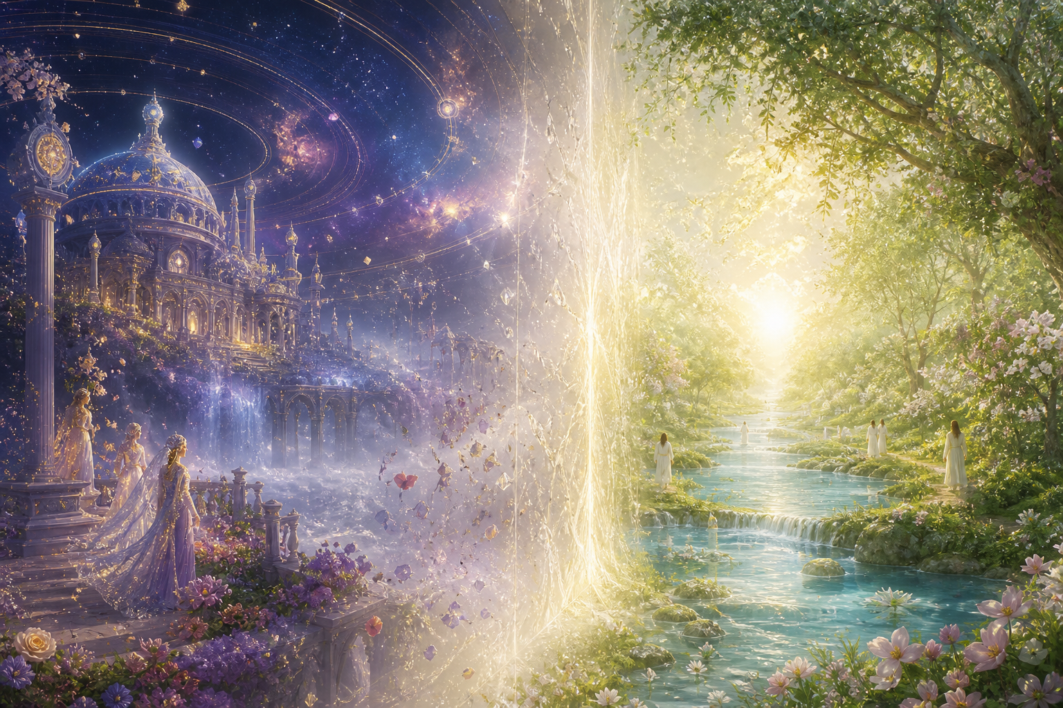 A fading celestial cosmos and a timeless luminous grove meet at a bright boundary, contrasting impermanent splendor with an enduring spiritual realm.