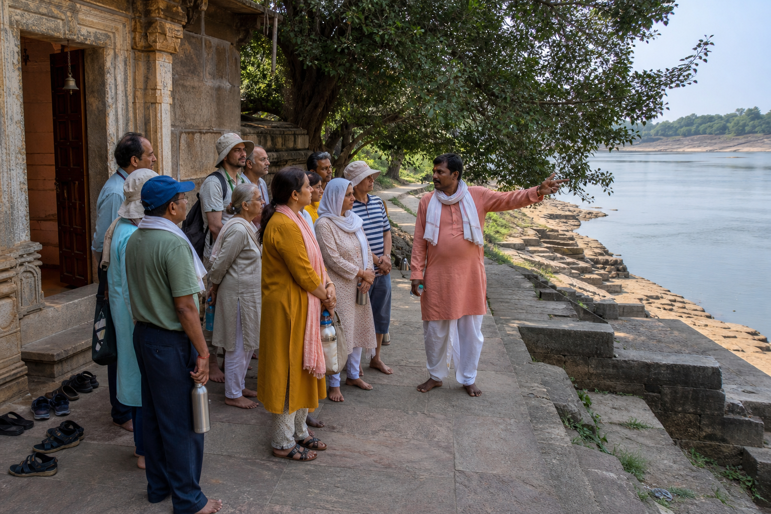 Pilgrims listen to a local temple attendant in a riverside courtyard while preparing to continue along the route.