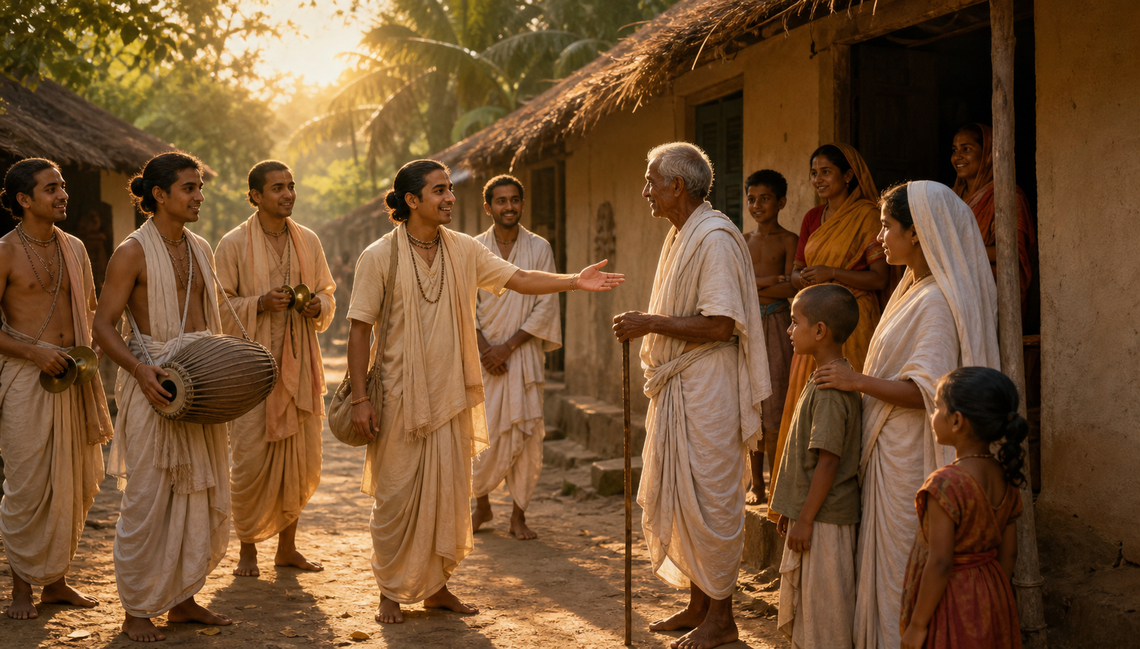 Vaishnava devotees warmly invite village residents to join a small street gathering with a drum and hand cymbals.