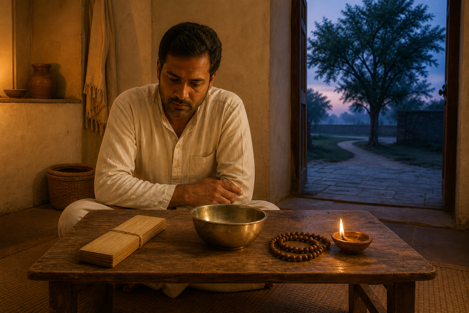 An investigator sits at a low desk with a blank palm-leaf manuscript, reflective bowl, prayer beads and oil lamp beside an open doorway at dawn.