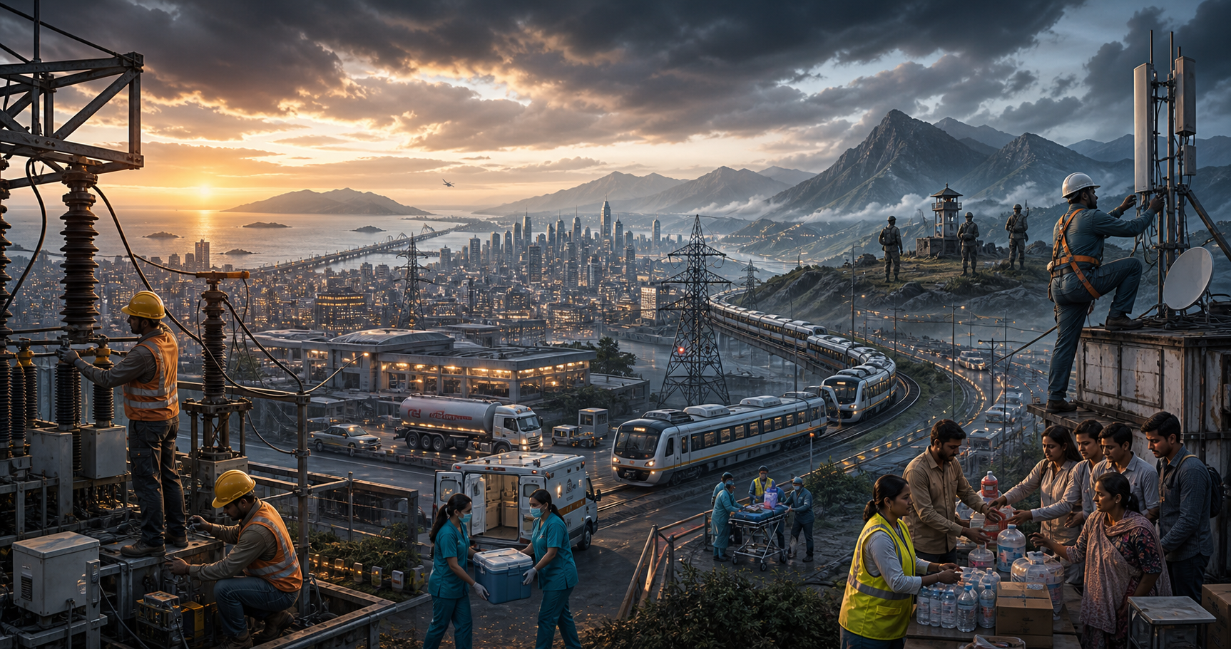 Civilian repair crews, medical workers and residents keep an Indian city functioning while armed forces guard a distant mountainous frontier.