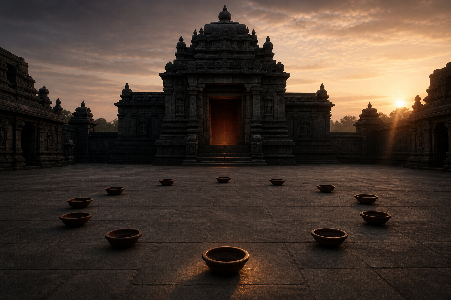 A Tamil Shaiva temple courtyard at sunrise with twelve clay lamps arranged in a circle and an abstract crimson-gold glow in the doorway.