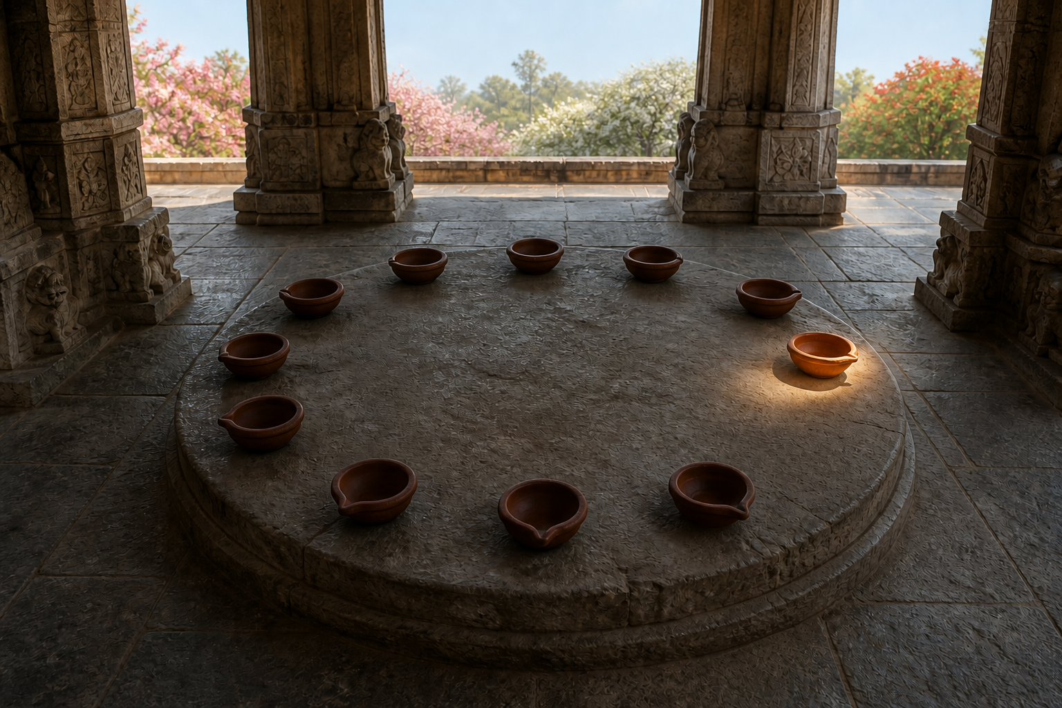 Twelve clay lamps encircle a stone platform in a granite mandapa, with one lamp illuminated by sunlight.