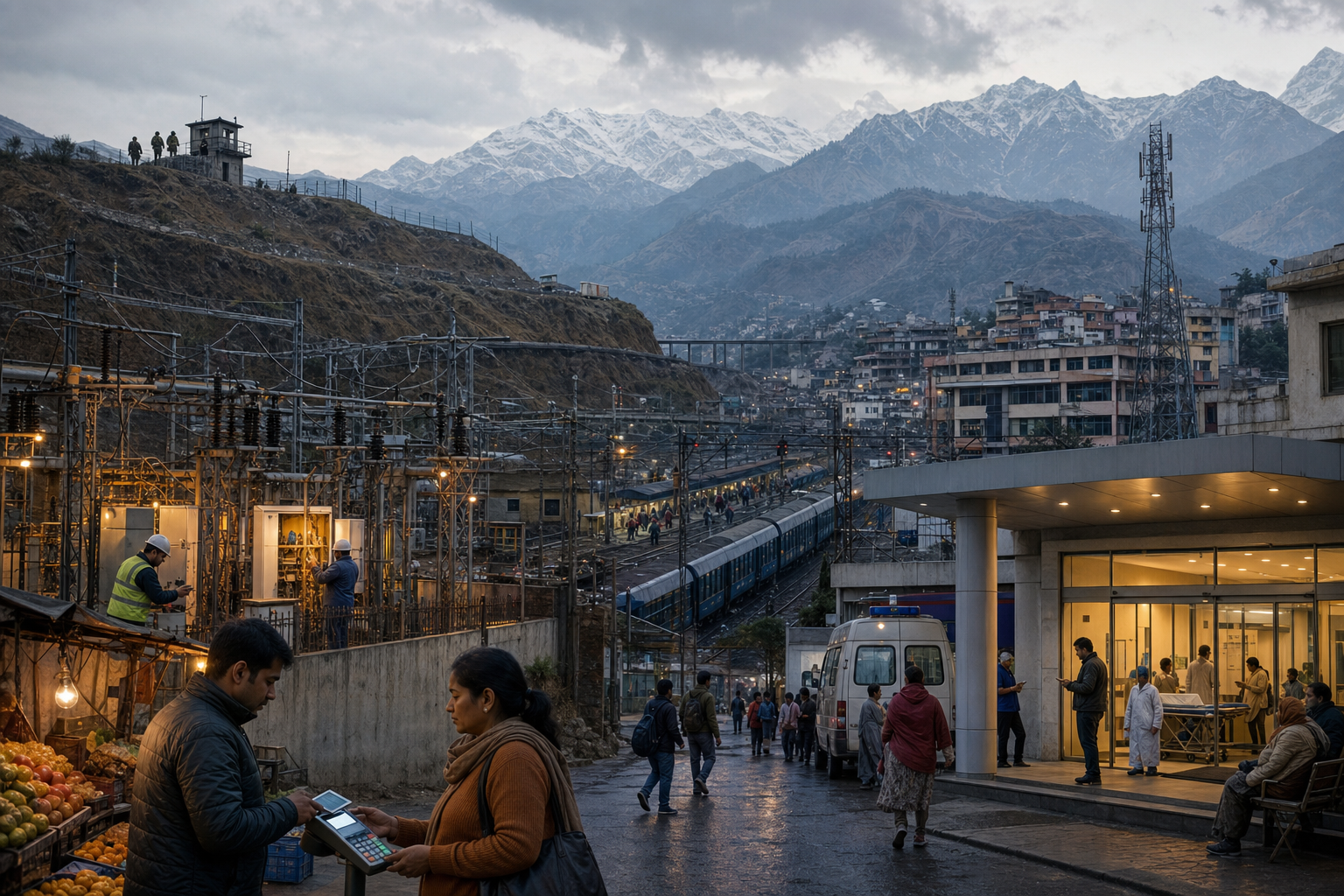 A guarded mountain frontier overlooks interconnected power, transport, hospital, communications and fuel infrastructure in an Indian city.