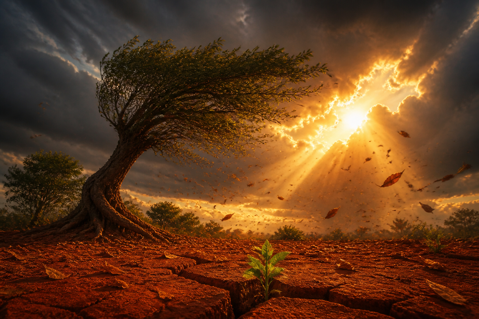 Wind bends a tree beneath dark clouds while amber sunlight reveals green shoots emerging from red earth.