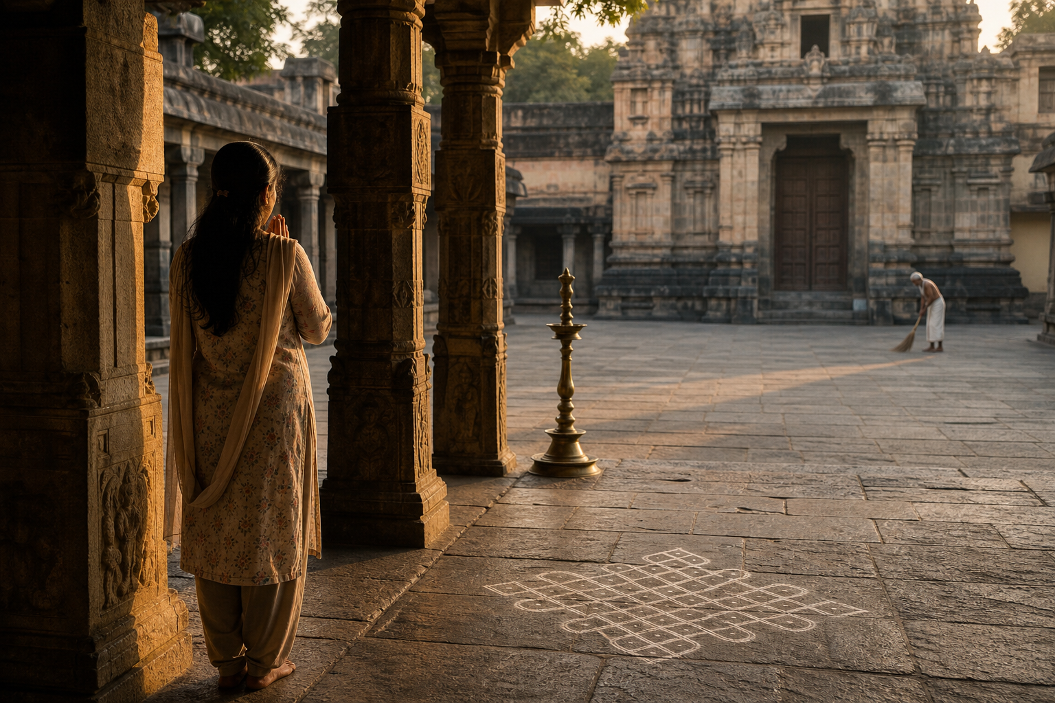 A visitor stands quietly at the edge of a granite temple passage facing a distant closed sanctum at dawn.