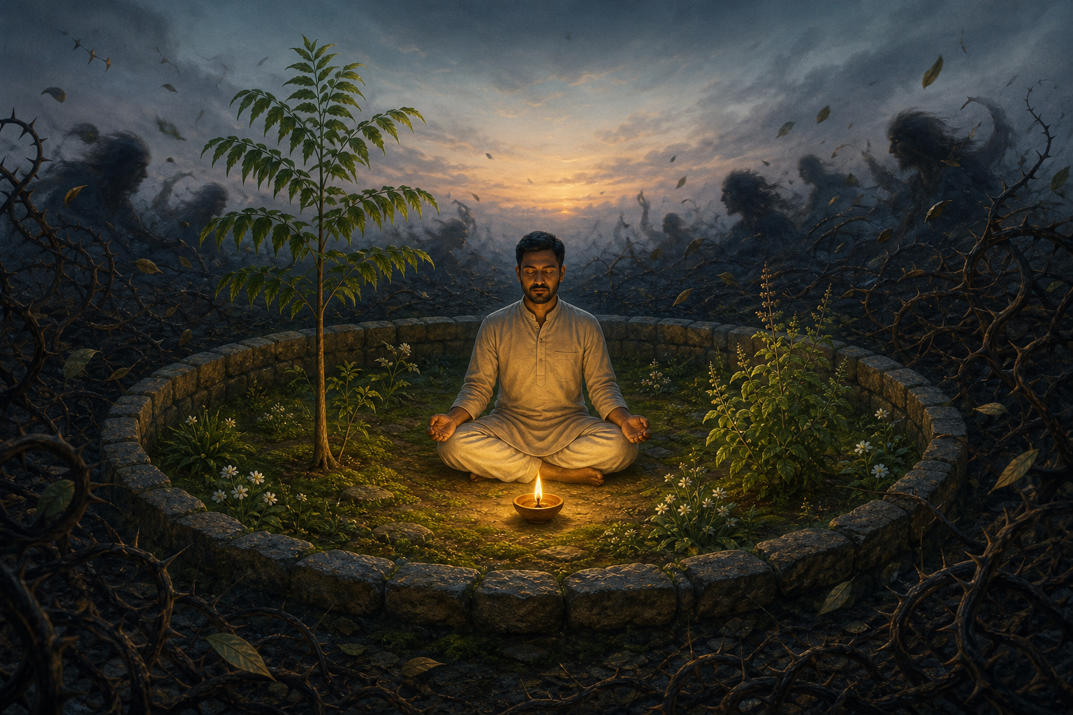 A person meditates beside a steady oil lamp in a circular garden, with healthy plants inside and tangled thorny vegetation beyond the boundary.