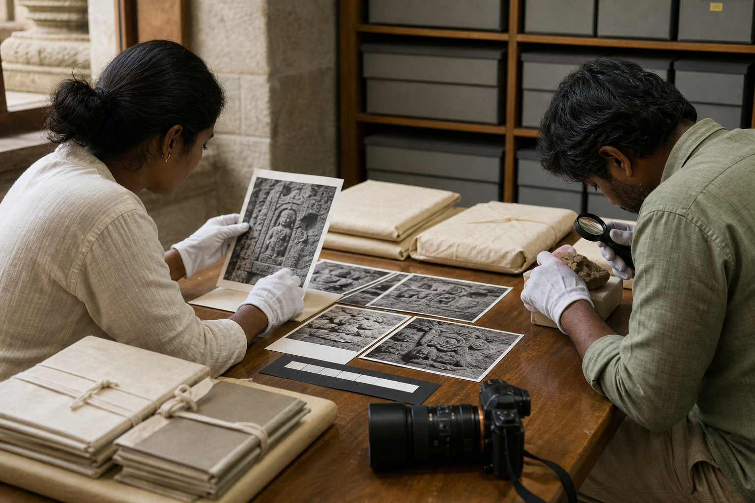 Two researchers examine photographs of temple carvings with a magnifying lens at an archive table.
