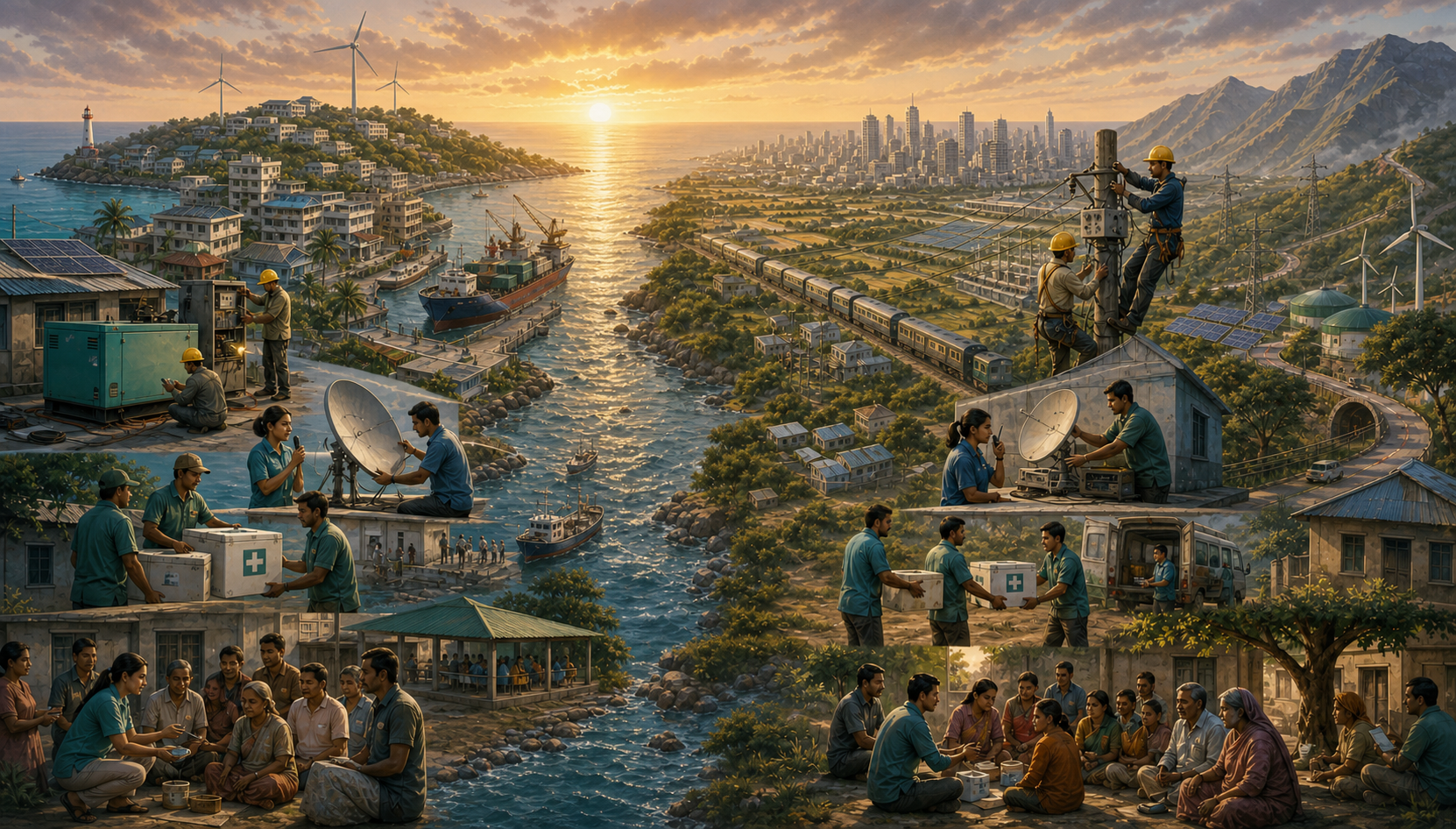 Parallel repair and emergency teams work in a compact island city and across a varied South Asian landscape.