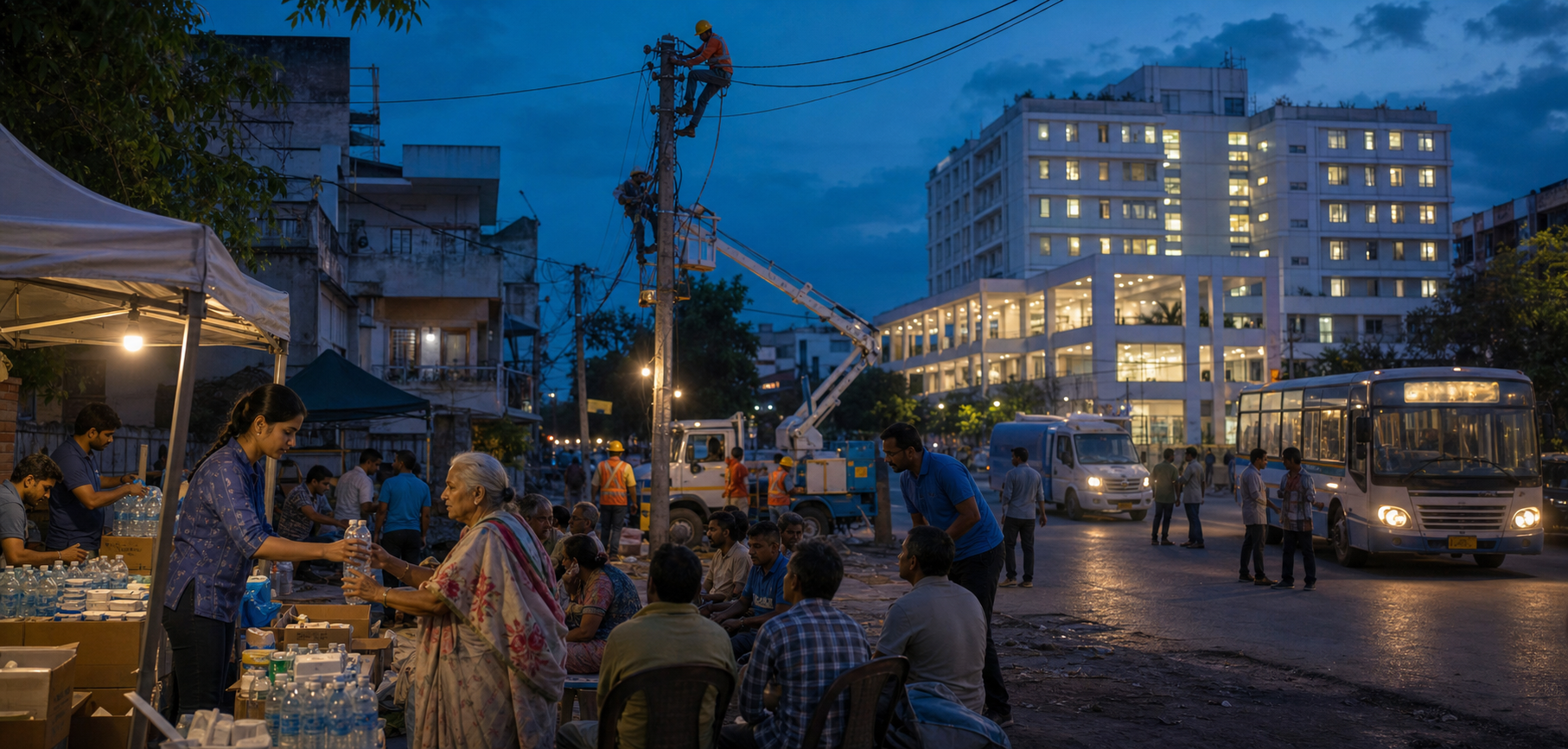 Residents gather calmly at a community support hub as crews restore power, communications, transport and hospital services.