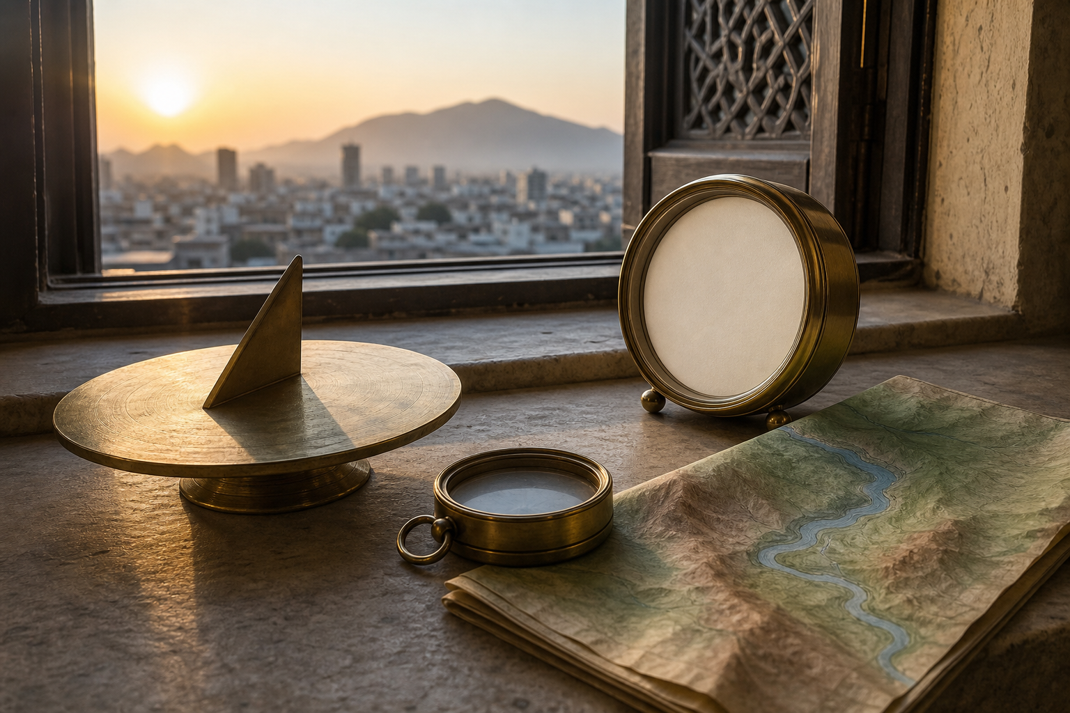 A blank-faced analog clock, brass sundial, compass, and unlabeled map sit by a window as the sun rises over a distant city.