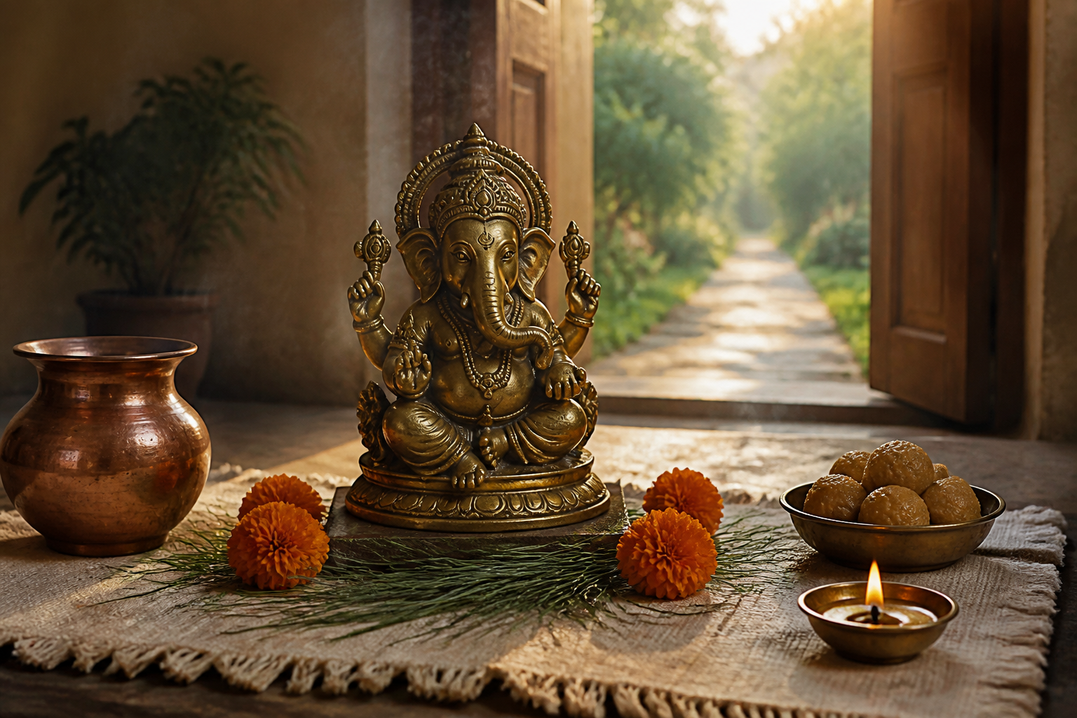 A brass Ganesha murti with marigolds, durva grass, sweets, a copper vessel, and a lit oil lamp stands before a doorway opening onto a sunlit path.