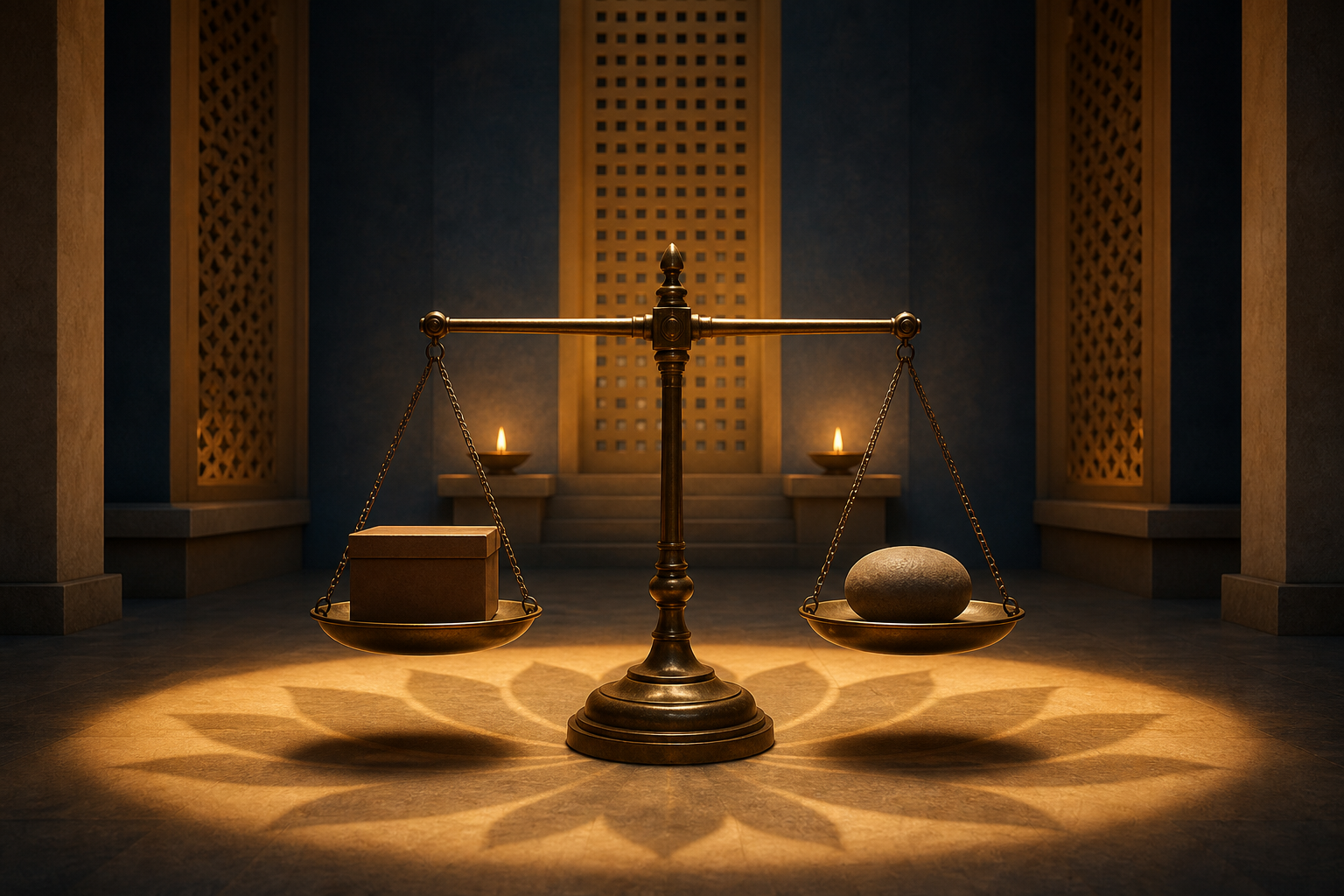 A level bronze balance holds a sealed evidence box and an unmarked stone in a softly lit meditation hall with two equal lamps.