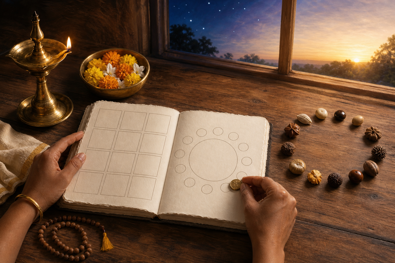 Hands arrange a brass marker beside a blank planner, flowers, prayer beads and twelve tokens in a lamplit home at dawn.