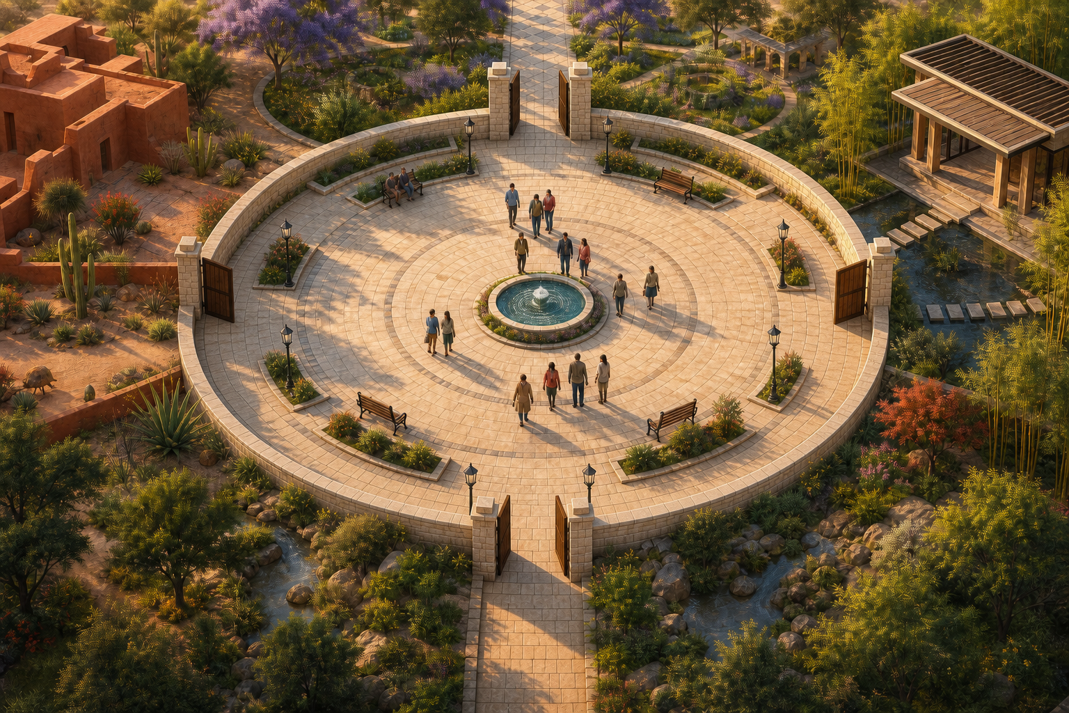 Four distinct garden paths and gateways converge on a shared circular civic courtyard where people meet.