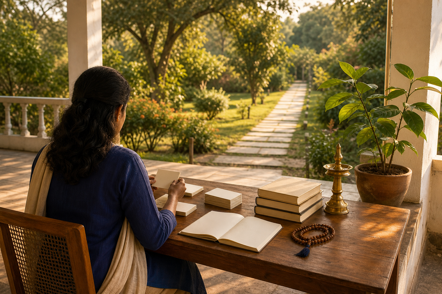 A person sits at a sunlit wooden desk organizing blank cards, a notebook, books, and prayer beads beside a young green plant.