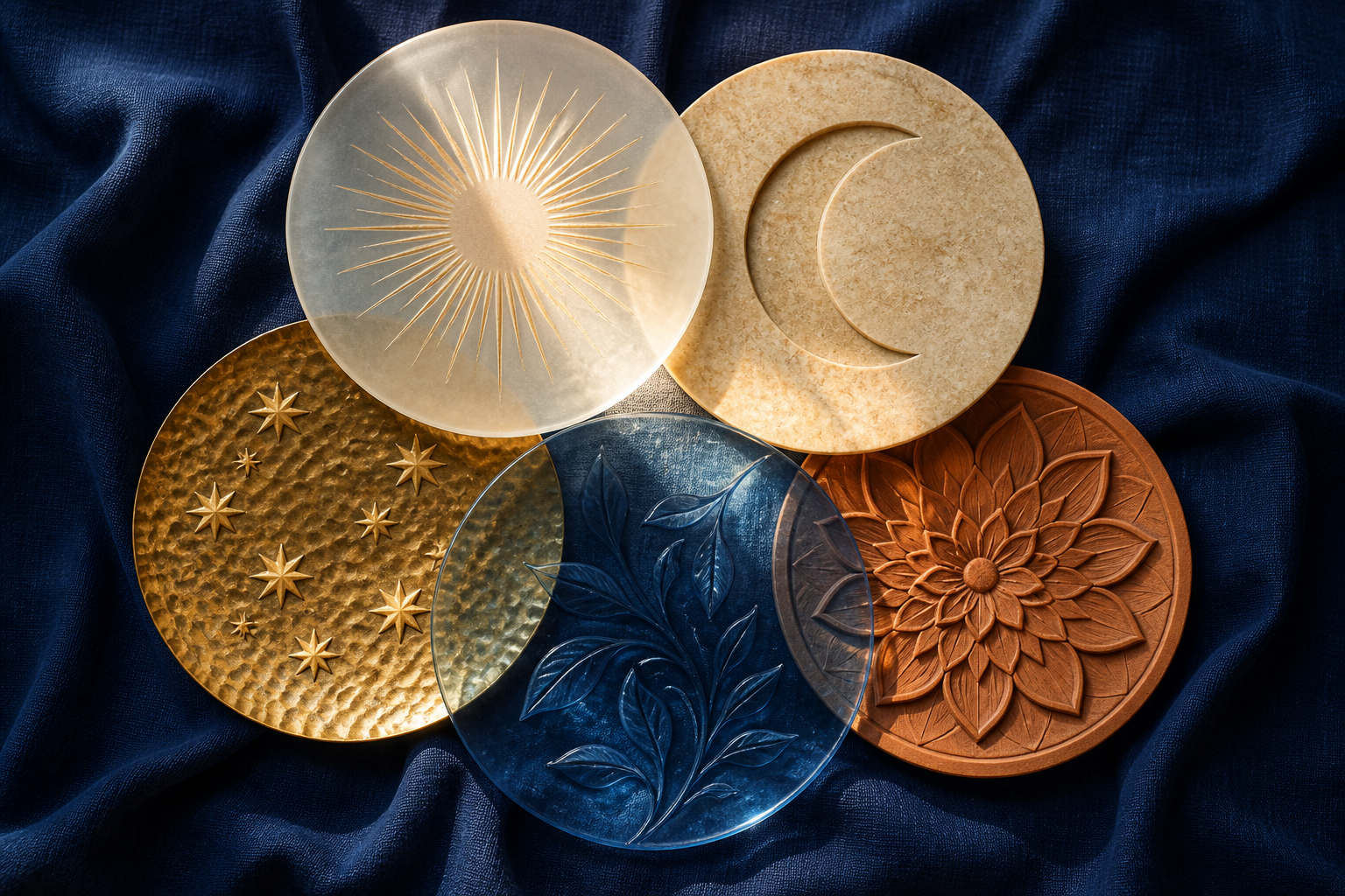 Five translucent discs with sun, moon, stars, leaves, and lotus-like motifs overlap on indigo cloth, creating a bright layered pattern at the center.