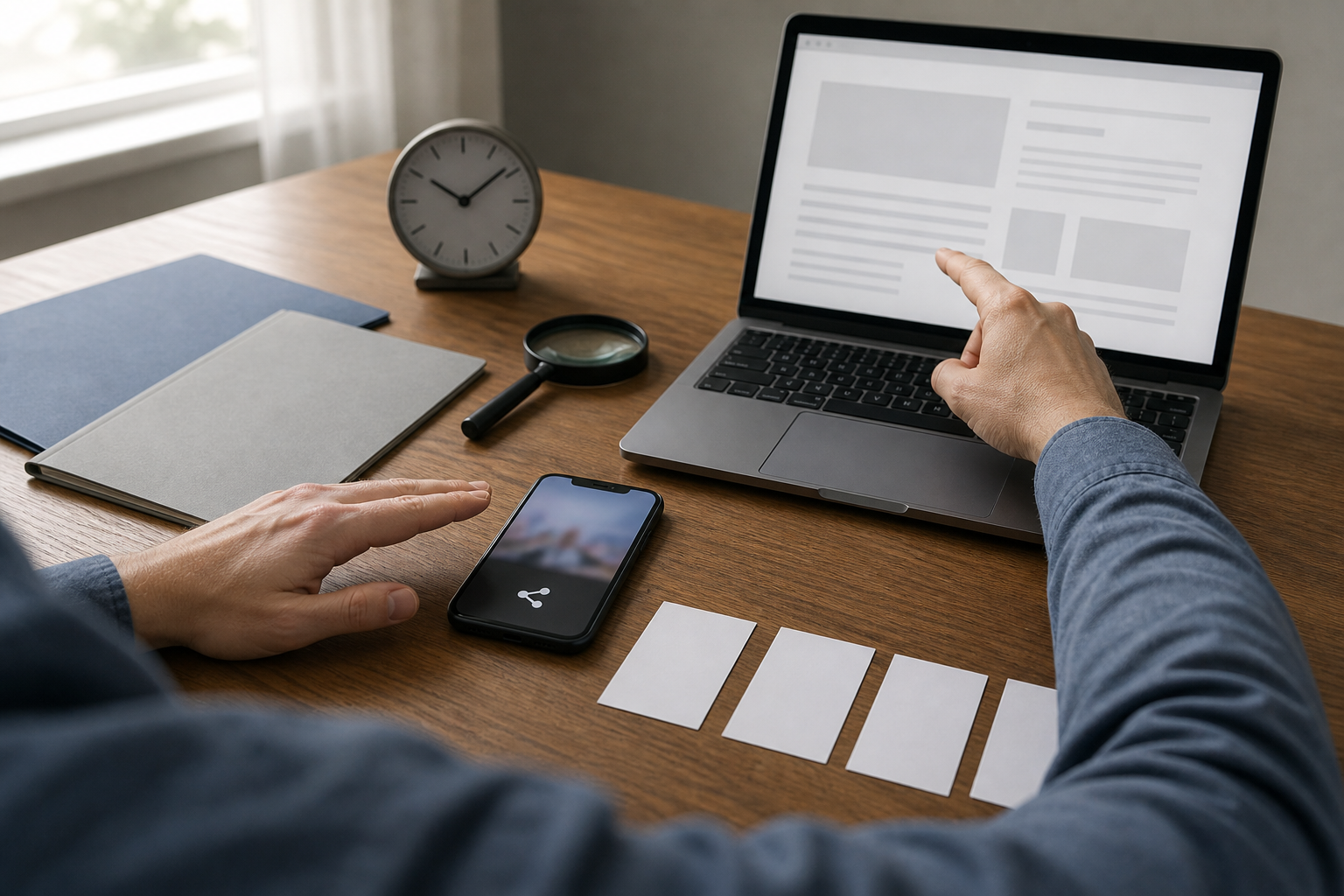 An anonymous researcher pauses before sharing a phone screenshot while comparing it with source material on a laptop at an orderly desk.
