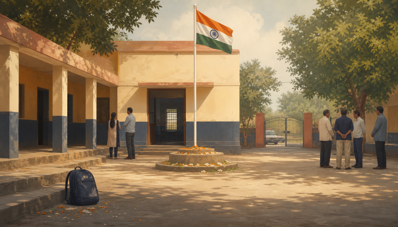 Editorial illustration of a generic Indian school courtyard with the national flag, a backpack near the steps, adults in discussion, and a police vehicle beyond the gate.