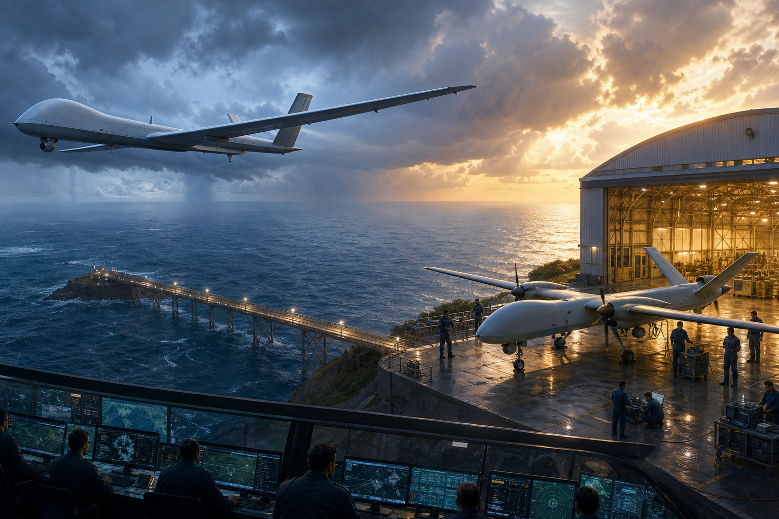 Two unmanned aircraft represent leased maritime surveillance and domestic drone development above an Indian Ocean naval setting connected by an illuminated causeway.