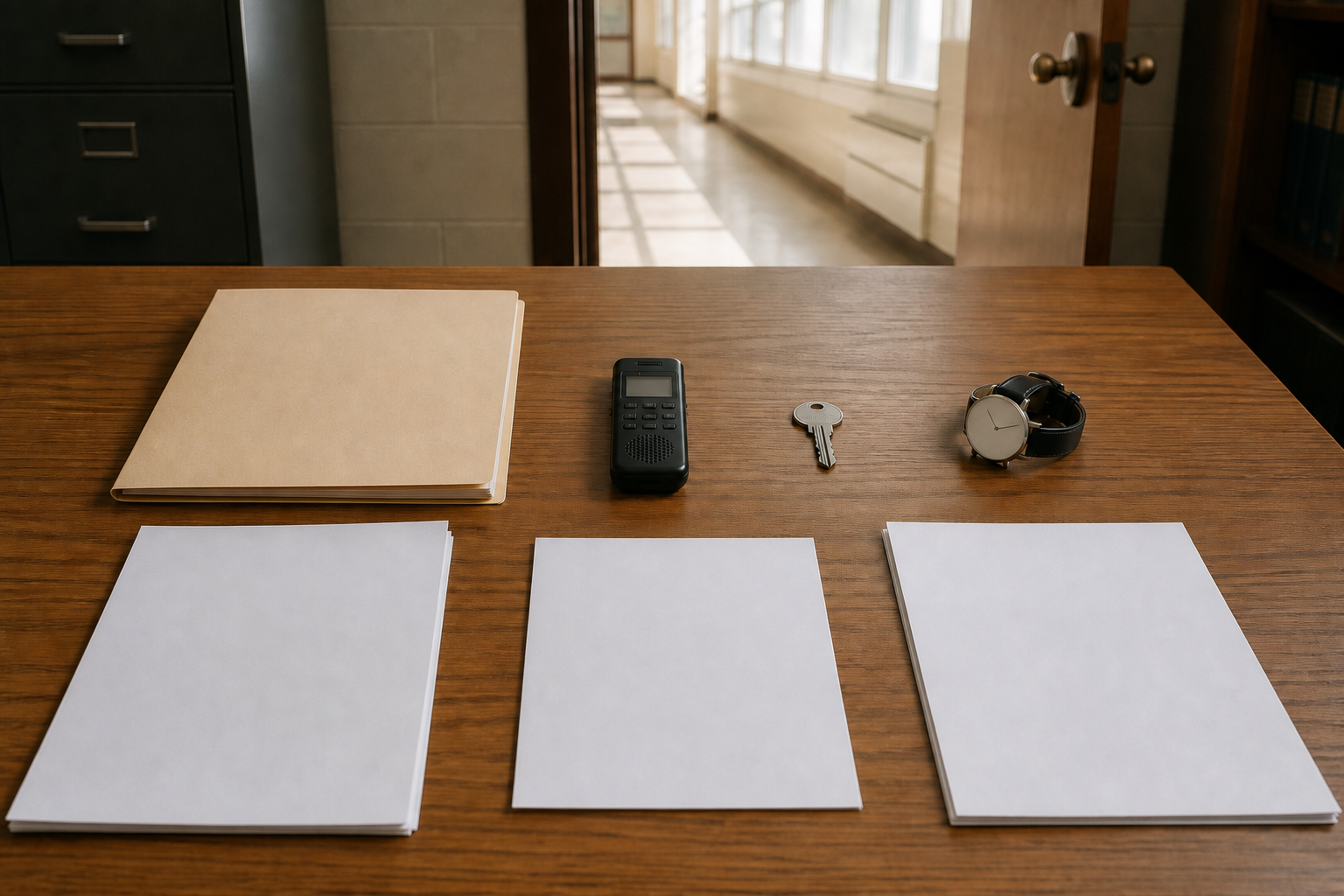 An administrative desk holding an unmarked folder, recorder, key, watch, and blank papers beside an open doorway to a school corridor.