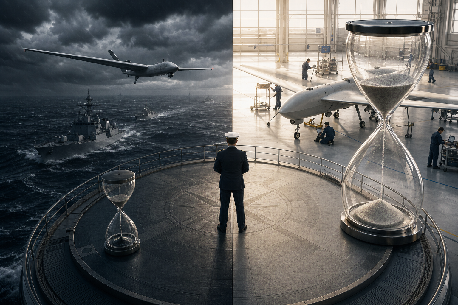 A naval officer stands between two hourglasses, with an operational surveillance drone at sea on one side and a domestic prototype under testing on the other.