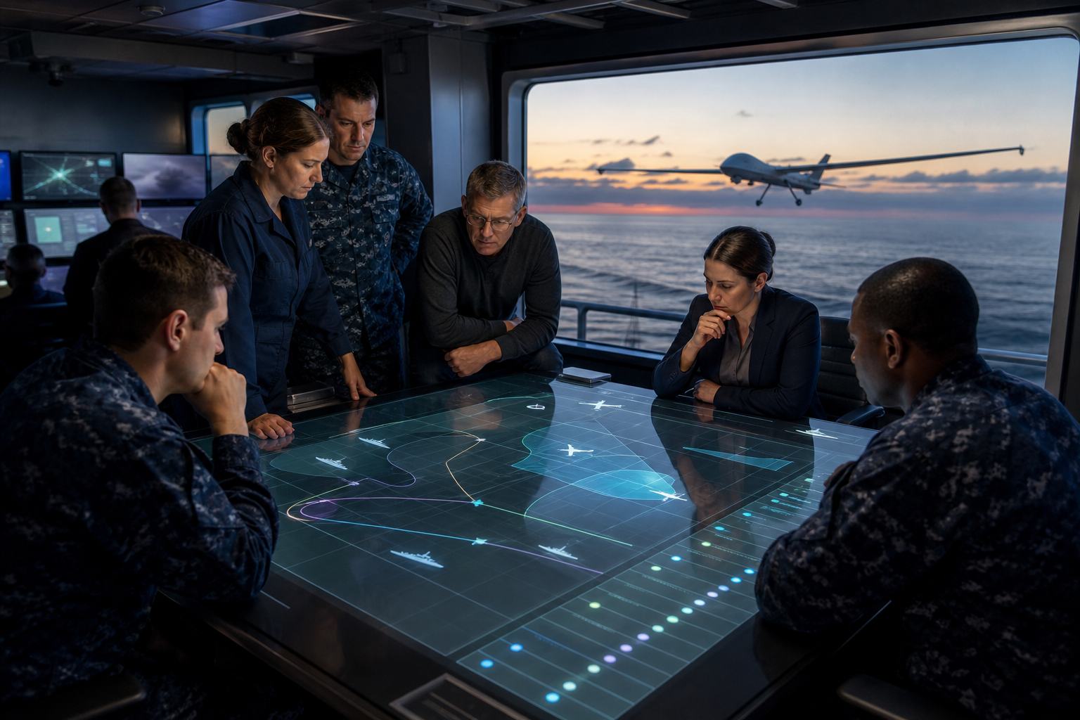 Naval operators review an unmanned maritime patrol using abstract mission paths, vessel symbols, sensor coverage shapes, and maintenance status indicators.