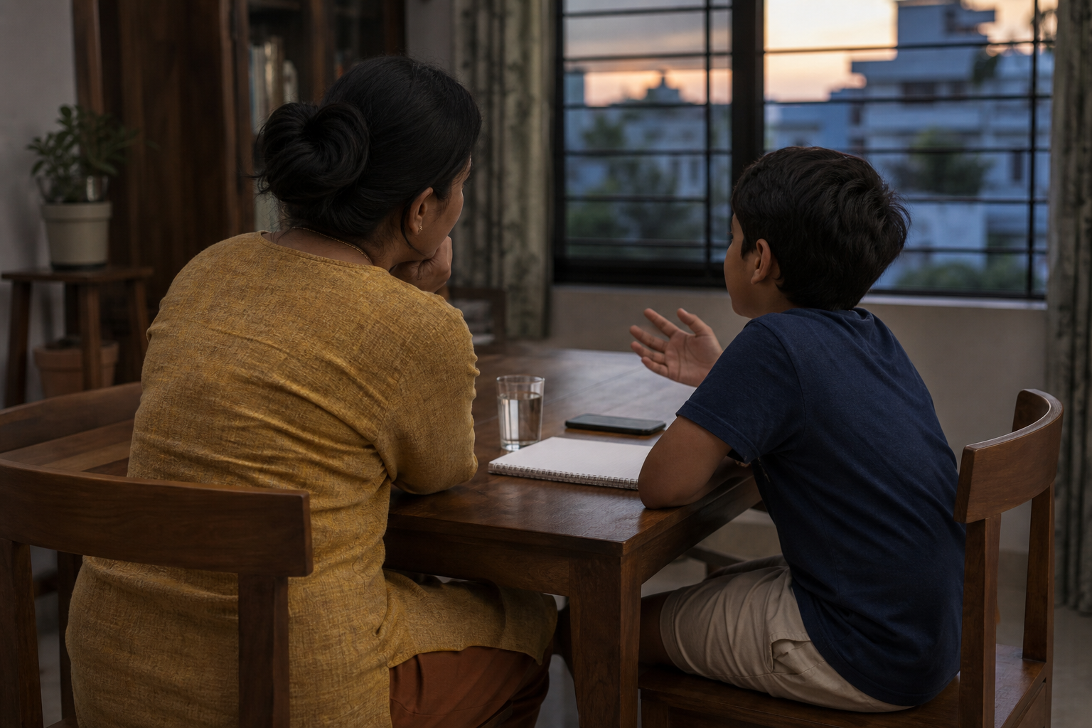 A parent listens to a school-age child at a home dining table with an unmarked notebook and a phone set aside.
