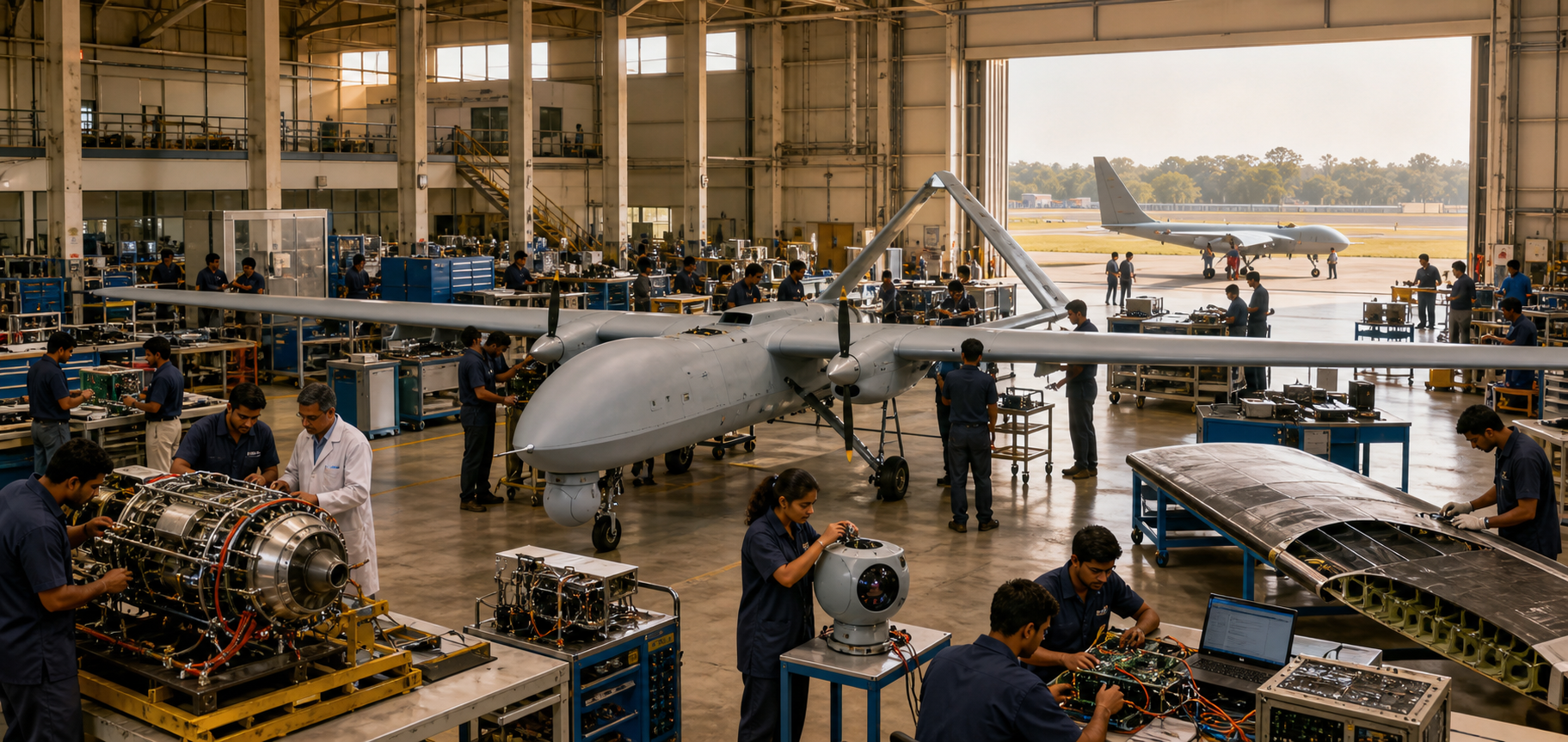Engineers and technicians assemble a domestic long-endurance drone while teams develop its engines, sensors, electronics, communications systems, and composite structures.