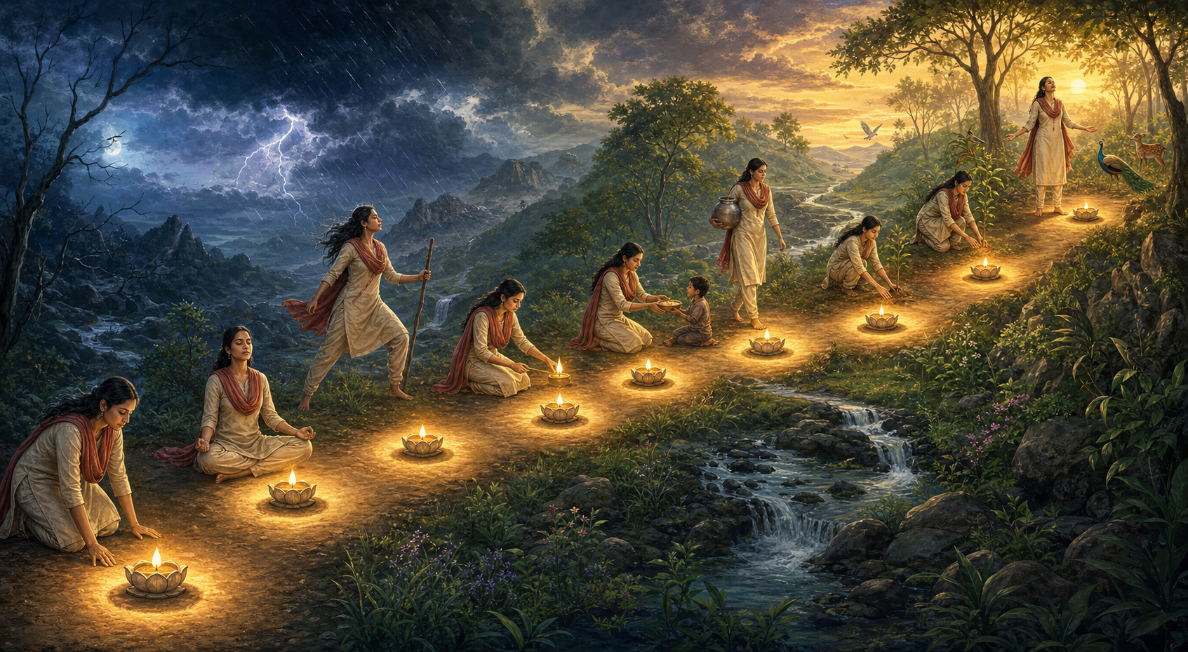 A woman follows a winding path past nine lotus-shaped lamps, moving through meditation, service, tree planting, and protection of a restored grove.