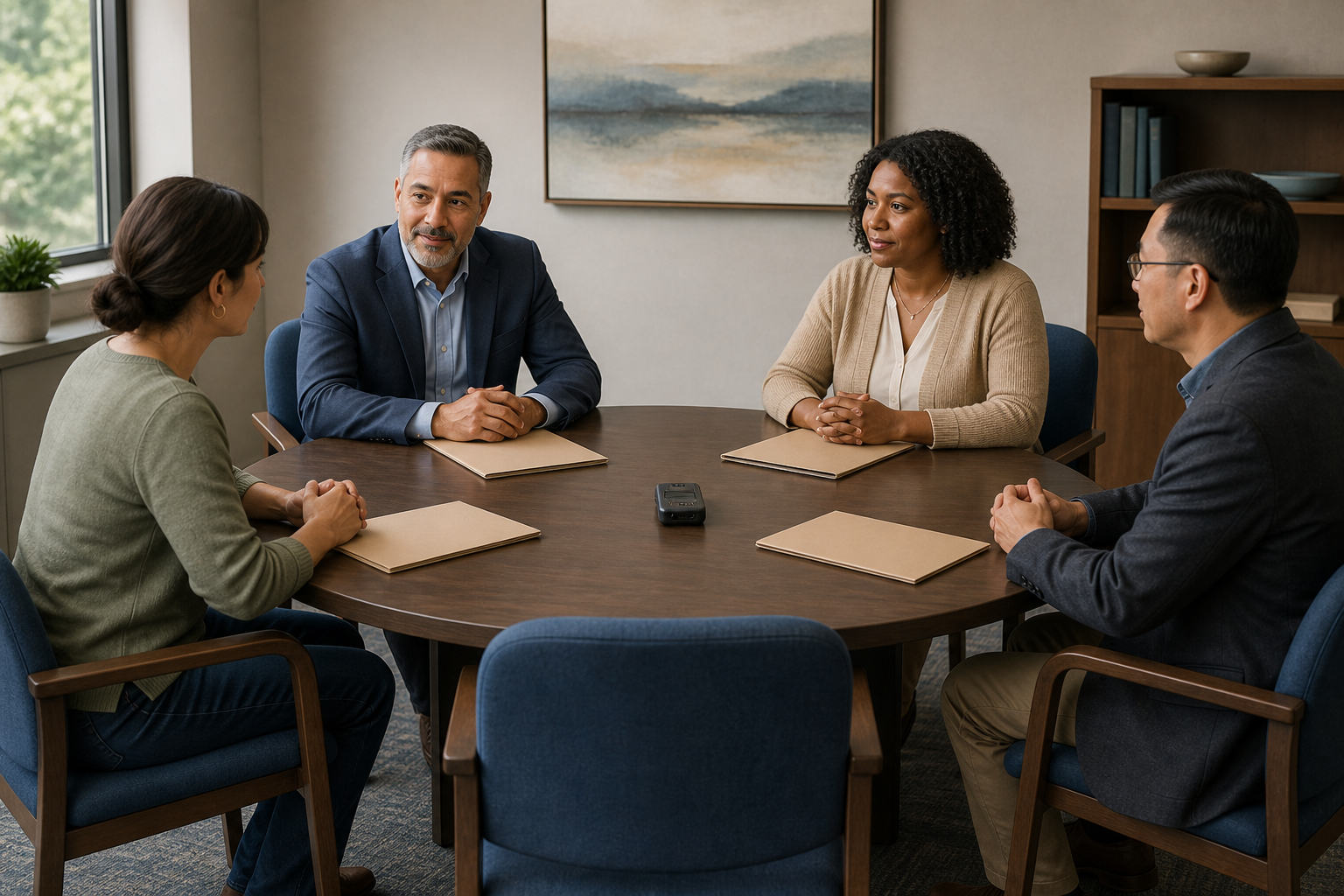 Adults representing a parent, school staff, child support, and an investigator sit around a round table with an empty chair and unmarked folders.