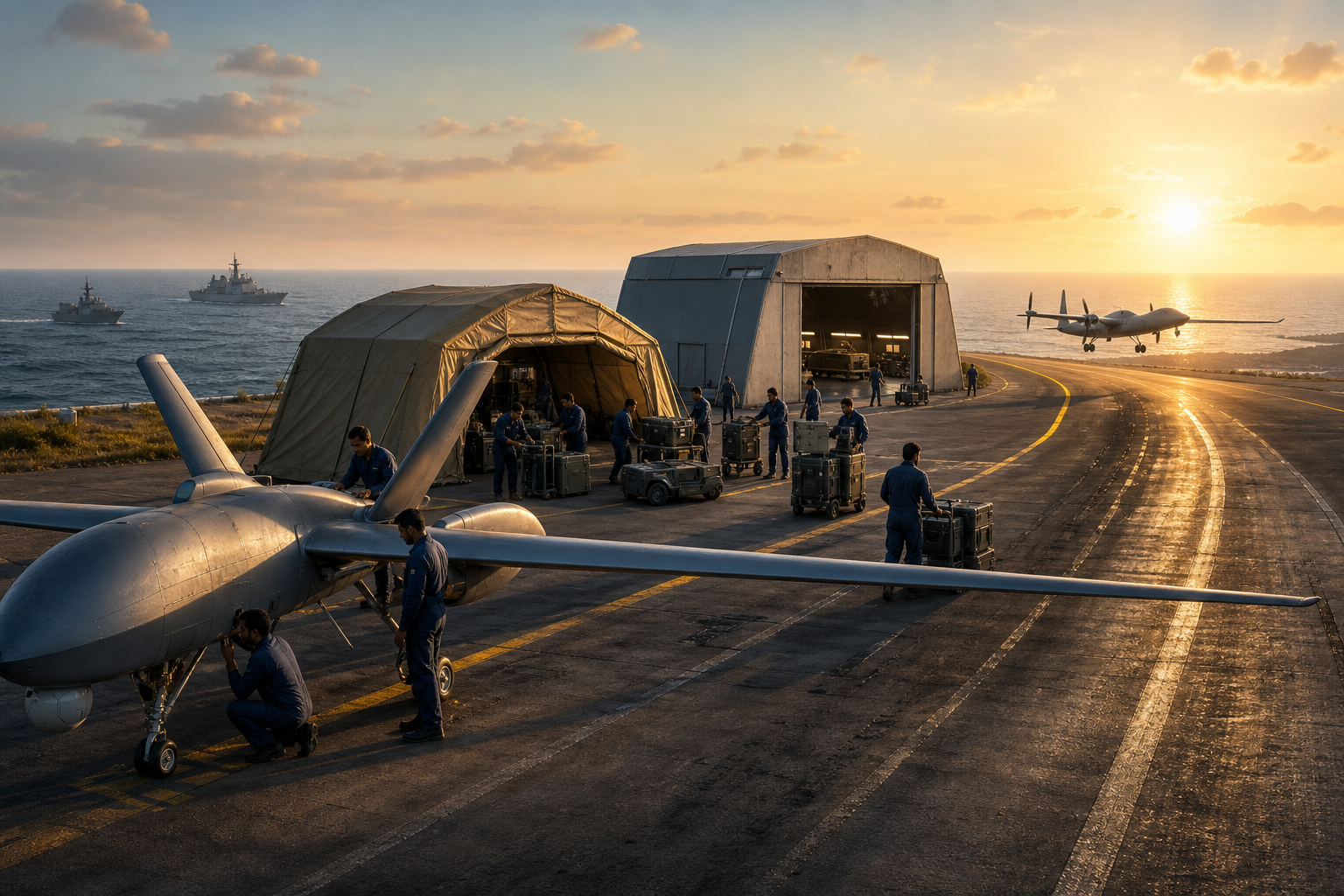 A leased surveillance drone lands as a domestically developed drone takes off from the same coastal air station while crews move equipment into a permanent local hangar.