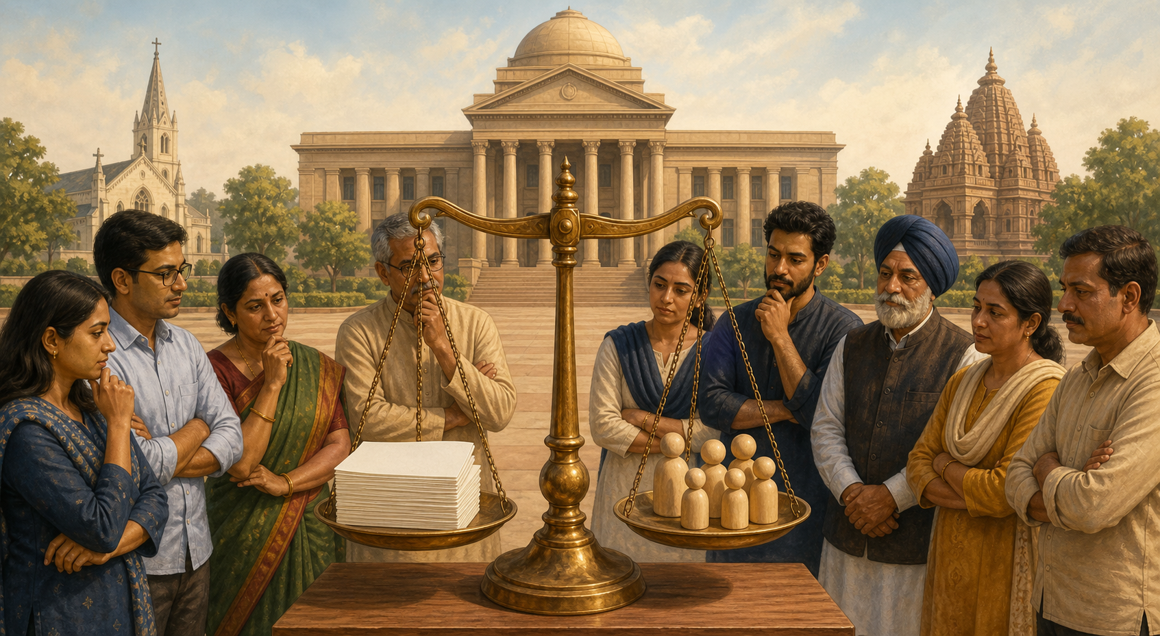 Indian citizens gather around a balance scale holding blank eligibility cards and human figures in a civic courtyard, with a government building, church, and temple in the background.