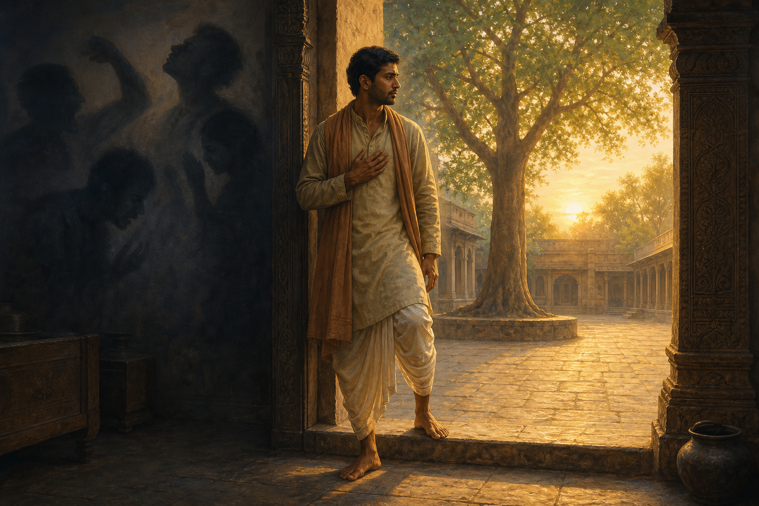 A person pauses at a stone threshold between a shadowed interior and a sunlit courtyard while abstract shadows gather behind them.