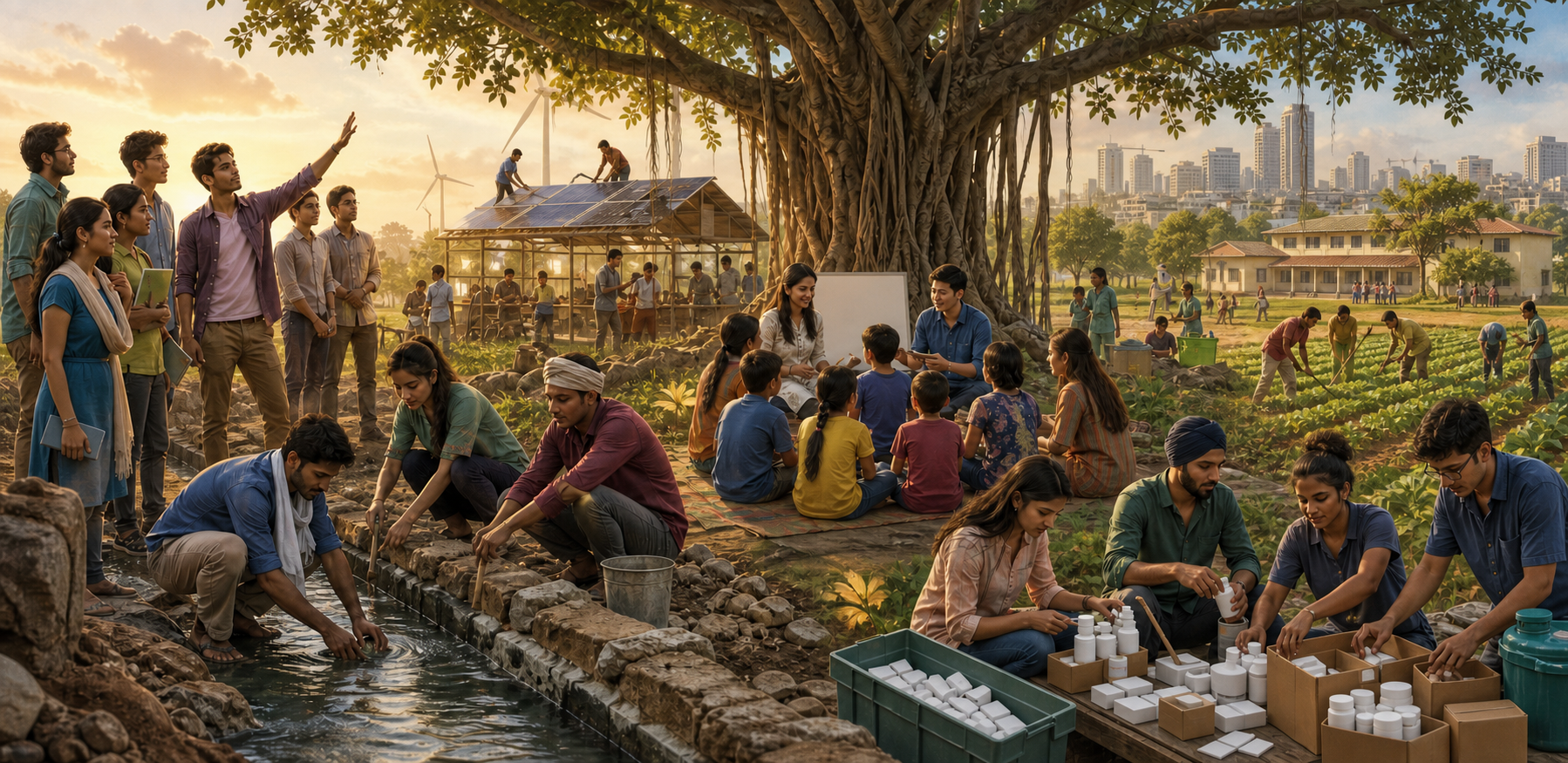 Young adults work together on water repair, education, medical supplies, farming, and clean-energy projects across a landscape of rural and urban Bharat.