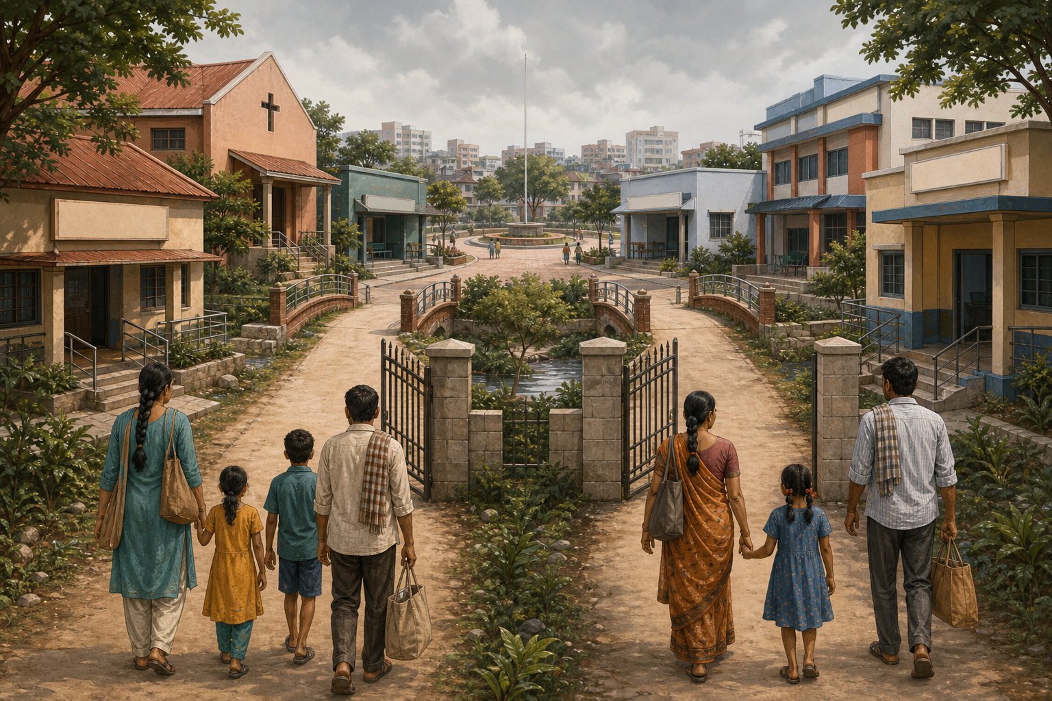Two families in similar circumstances stand on paths leading to faith-affiliated and public schools, clinics, and support facilities connected to a central civic plaza.