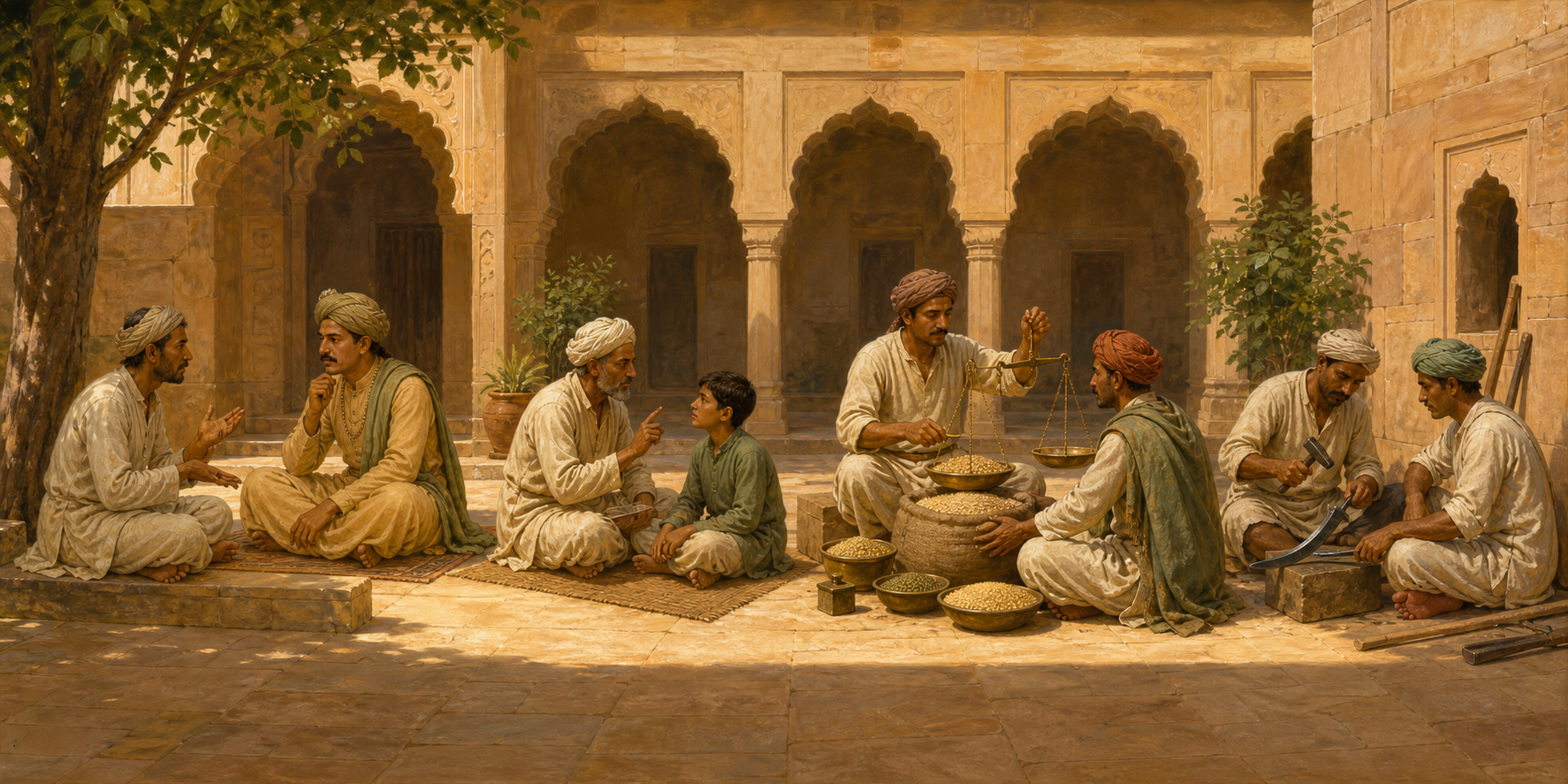People serving as a ruler, teacher, merchant, and craftsperson perform different duties in one sunlit courtyard.
