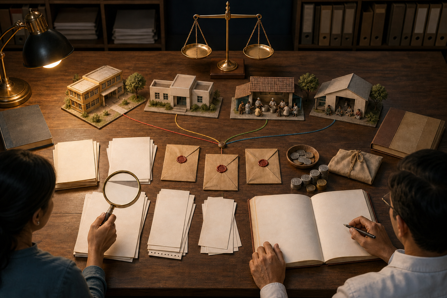 Two auditors examine blank financial records, coins, and funding paths leading to models of a school, clinic, kitchen, and shelter while a scale remains balanced.