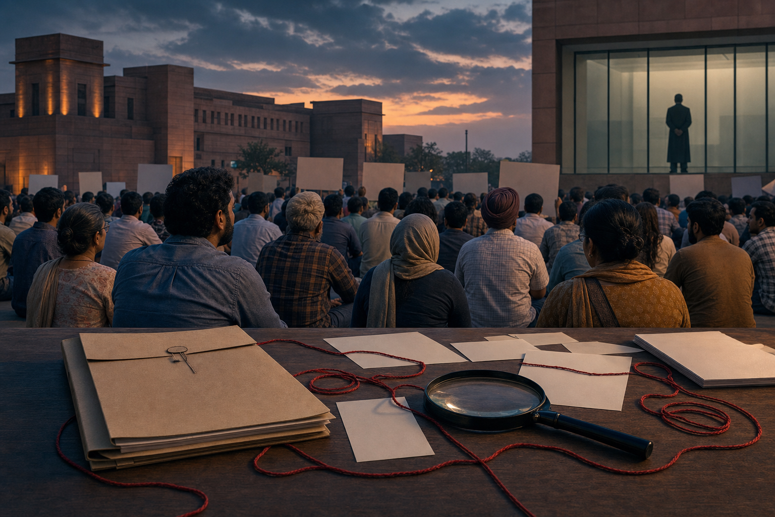 An evidence table with documents and a magnifying glass overlooks a peaceful Delhi protest, while an unidentified clerical figure remains obscured behind glass.