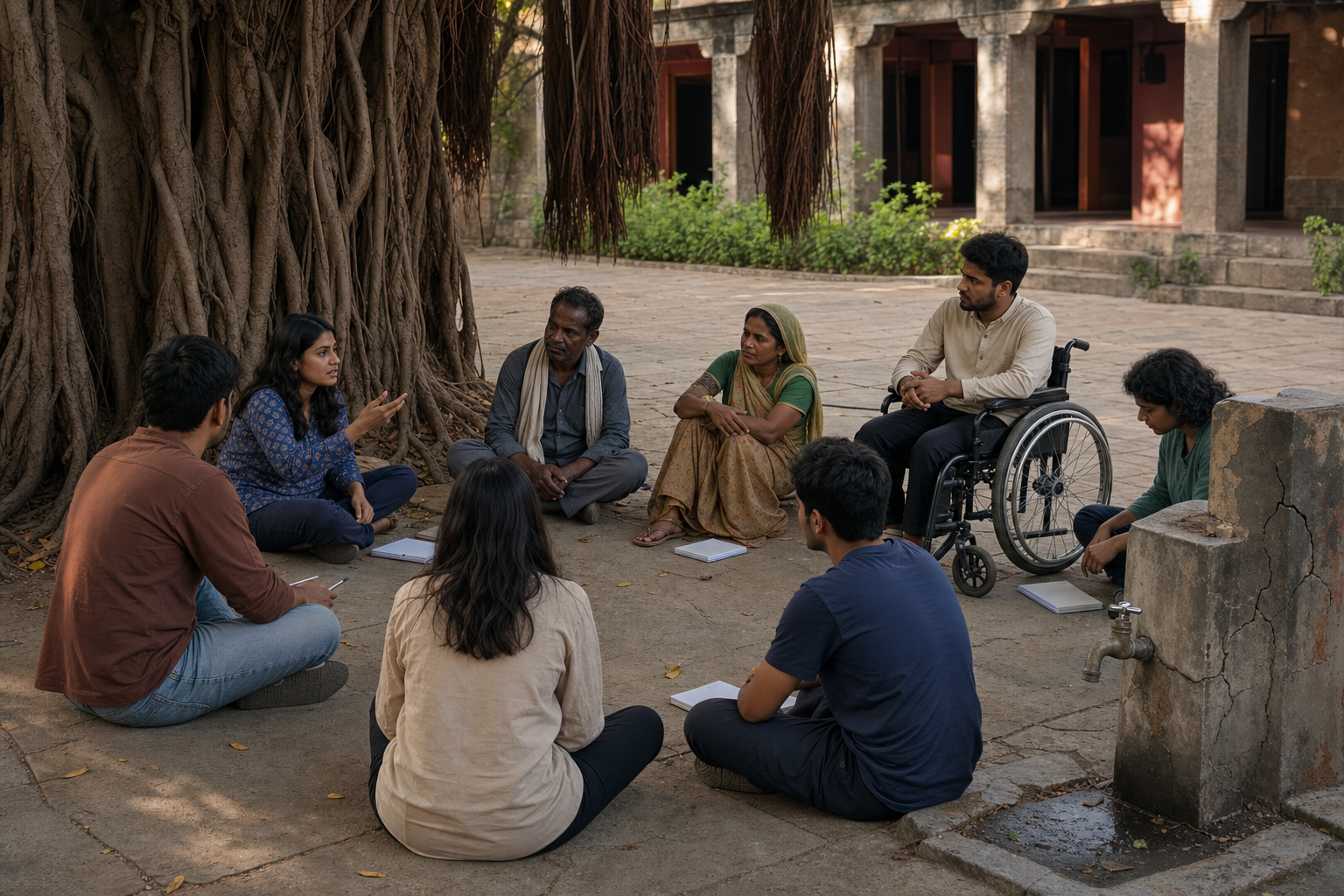 Students in a university courtyard listen to community members while examining a damaged public water tap.