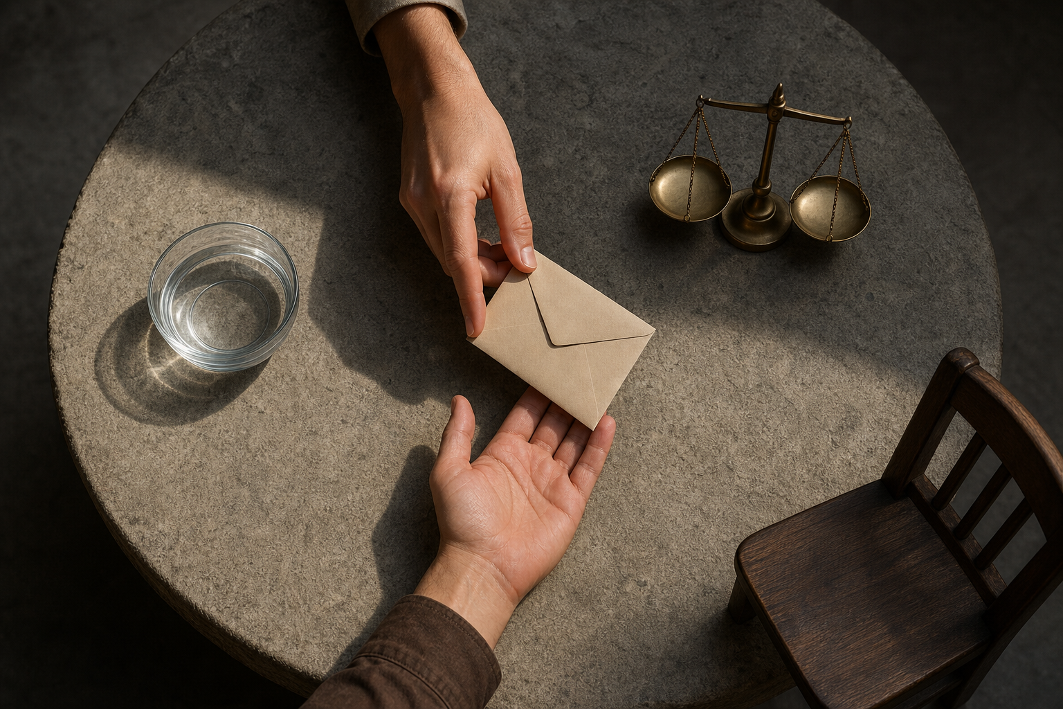 A hand pauses before passing an unmarked message beside a water bowl, balanced scales, and an empty seat.